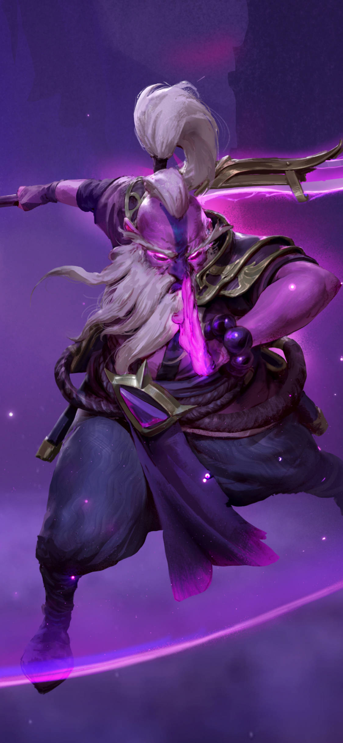dota 2 iPhone 桌布 壁紙 — 一位紫色調的戰士，白髮閃爍的眼睛，在宇宙紫色背景下用發光的劍劃破空氣。