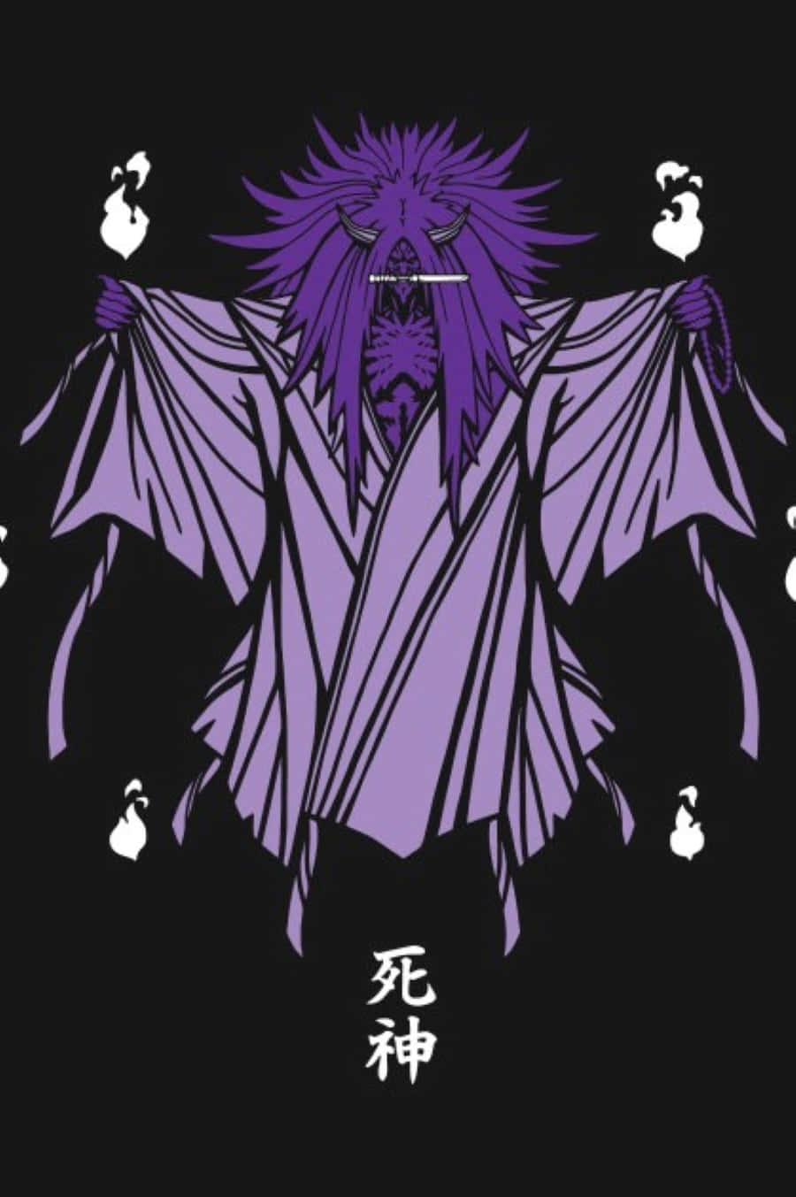 Reaper Death Seal 桌布 壁紙 — 一位紫髮、身穿飄逸長袍的威嚴神祇，站在黑色背景前，伴隨著白色鬼影和日文字元。