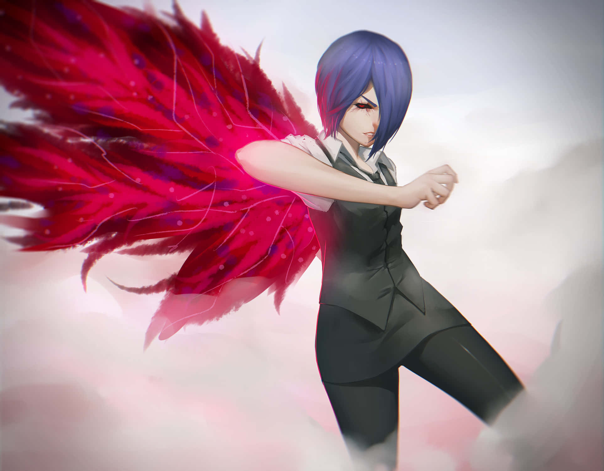 Touka Kirishima 桌布 壁紙 — 一位紫髮動漫女孩，擁有發光的紅色羽毛翅膀，在柔和的粉紅色和白色雲朵背景下擺出動態姿勢。