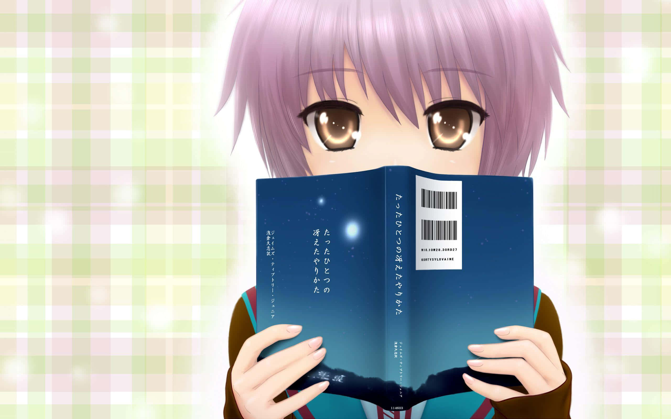 Yuki Nagato 桌布 壁紙 — 一位紫髮動漫女孩，棕色大眼睛，在柔軟格紋背景前閱讀一本藍色書。