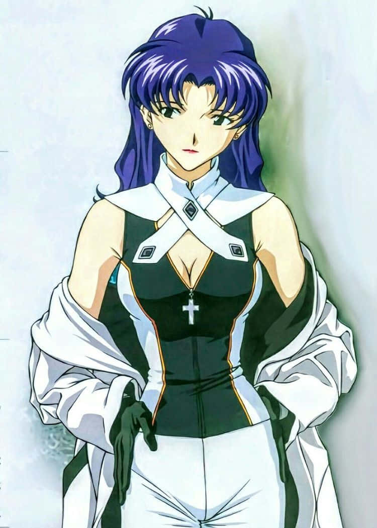 Kensuke Aida 桌布 壁紙 — 一位紫髮動漫女孩，身穿黑白服裝，戴著十字架吊墜，站在柔和的漸變背景前。