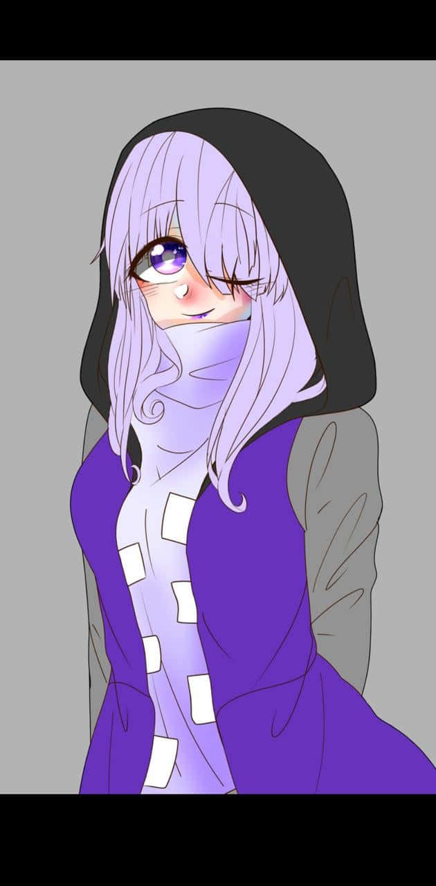 sans 桌布 壁紙 — 一位紫髮動漫女孩，身穿黑色連帽衫和紫色服裝，在純灰色背景前溫柔微笑。