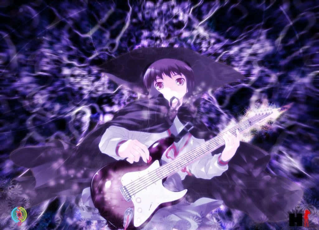 Yuki Nagato 桌布 壁紙 — 一位紫髮動漫女孩在旋轉的深紫色能量和閃電效果中彈奏發光的電結他。