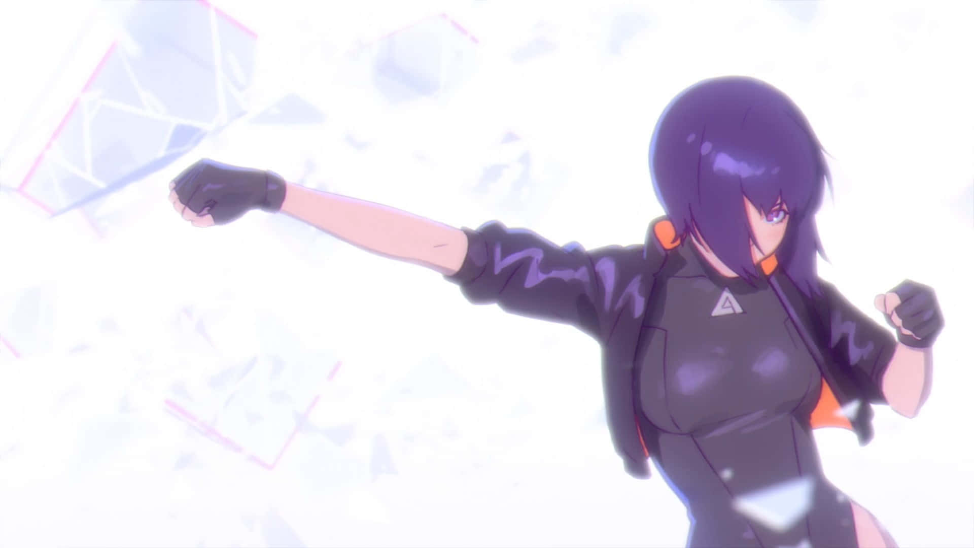 Ghost In The Shell Logicoma 桌布 壁紙 — 一位紫髮動漫女孩在明亮的抽象背景前擺出動感姿勢，背景有漂浮的幾何形狀。