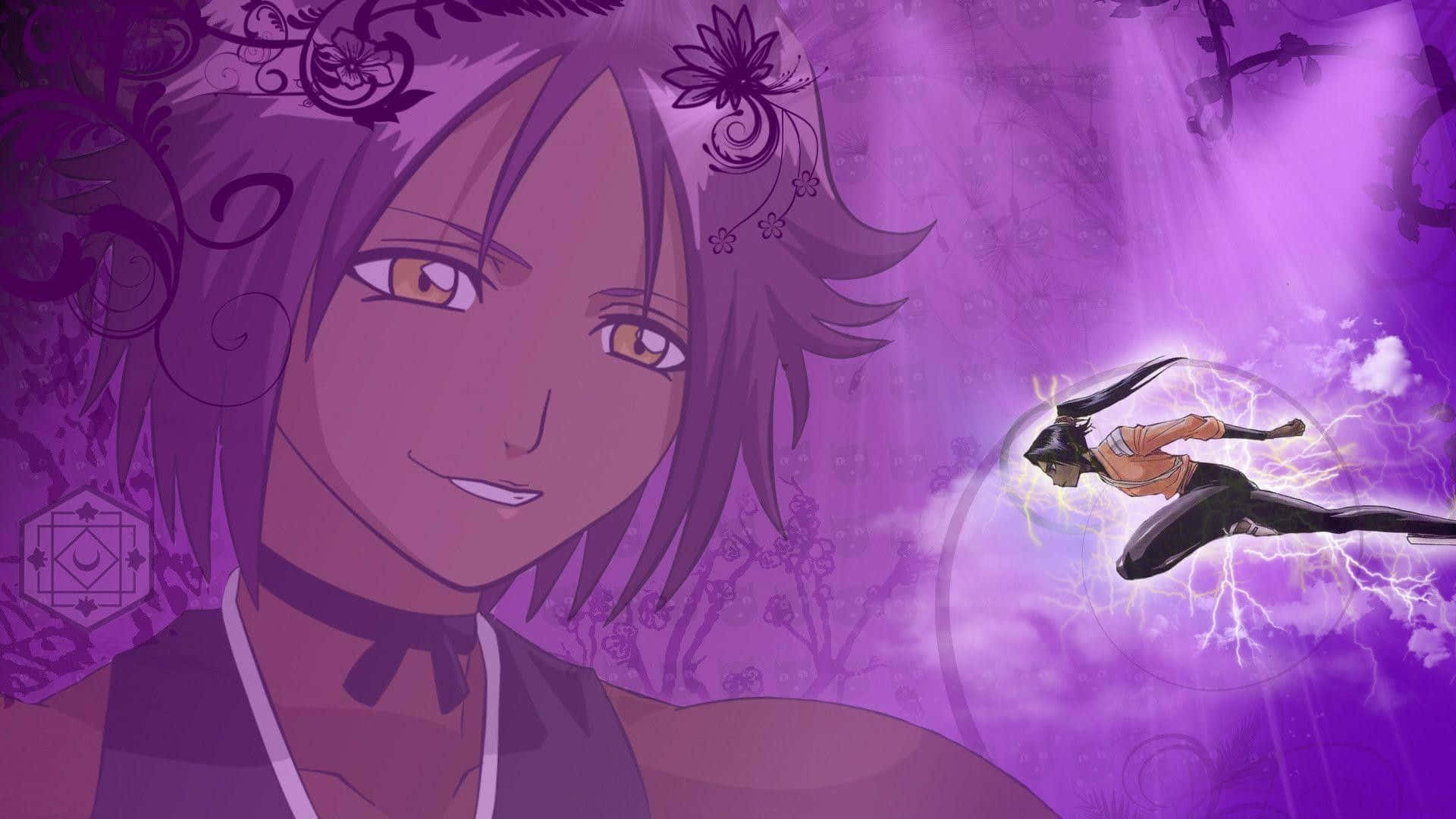 Yoruichi Shihoin 桌布 壁紙 — 一位紫髮動漫女孩微笑，戰士飛過帶有閃電的發光紫色風暴。