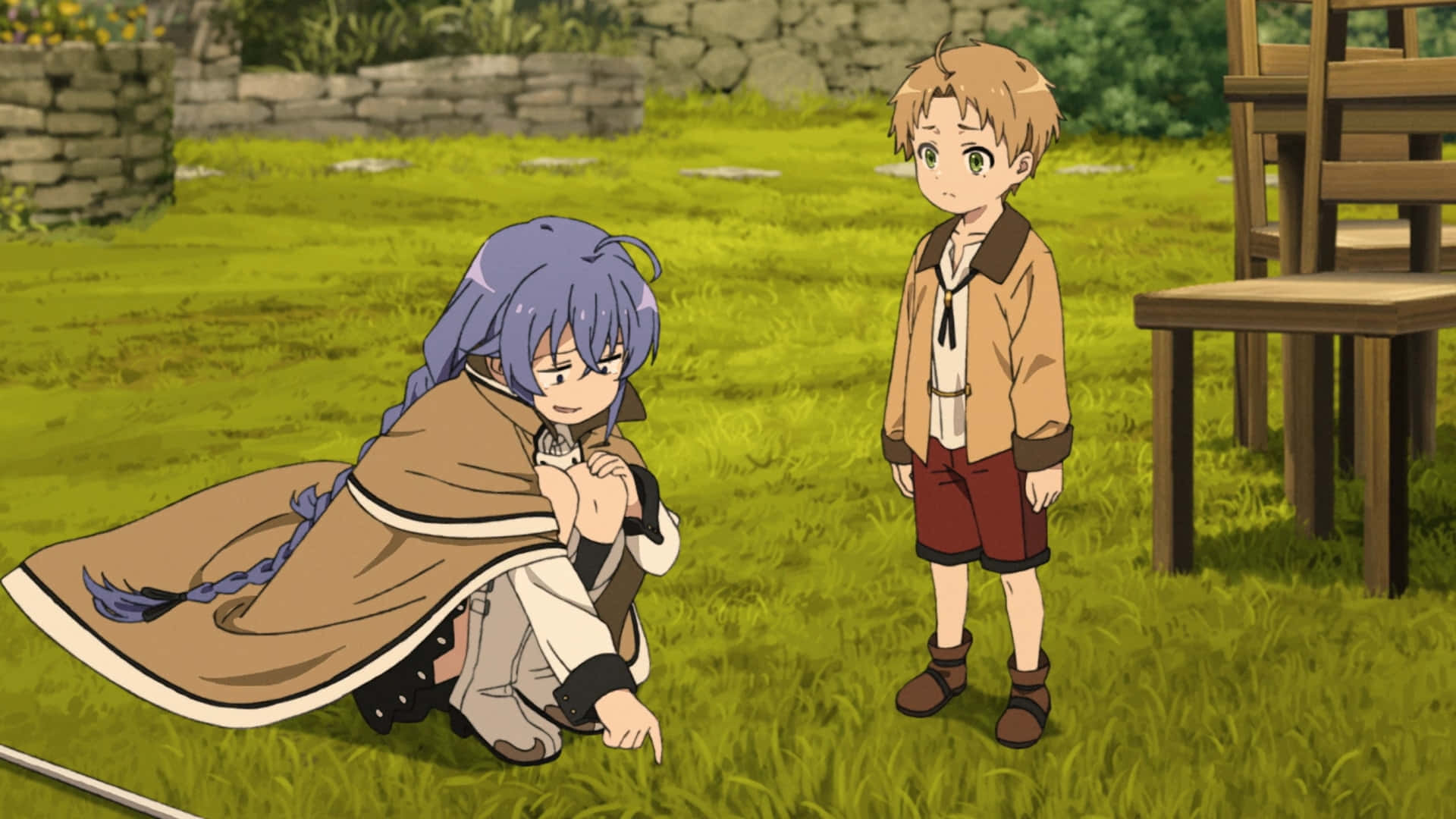 Mushoku Tensei 桌布 壁紙 — 一位紫髮動漫女孩披著斗篷跪在草地上指向某物，而一位金髮男孩站在附近，看起來很好奇。