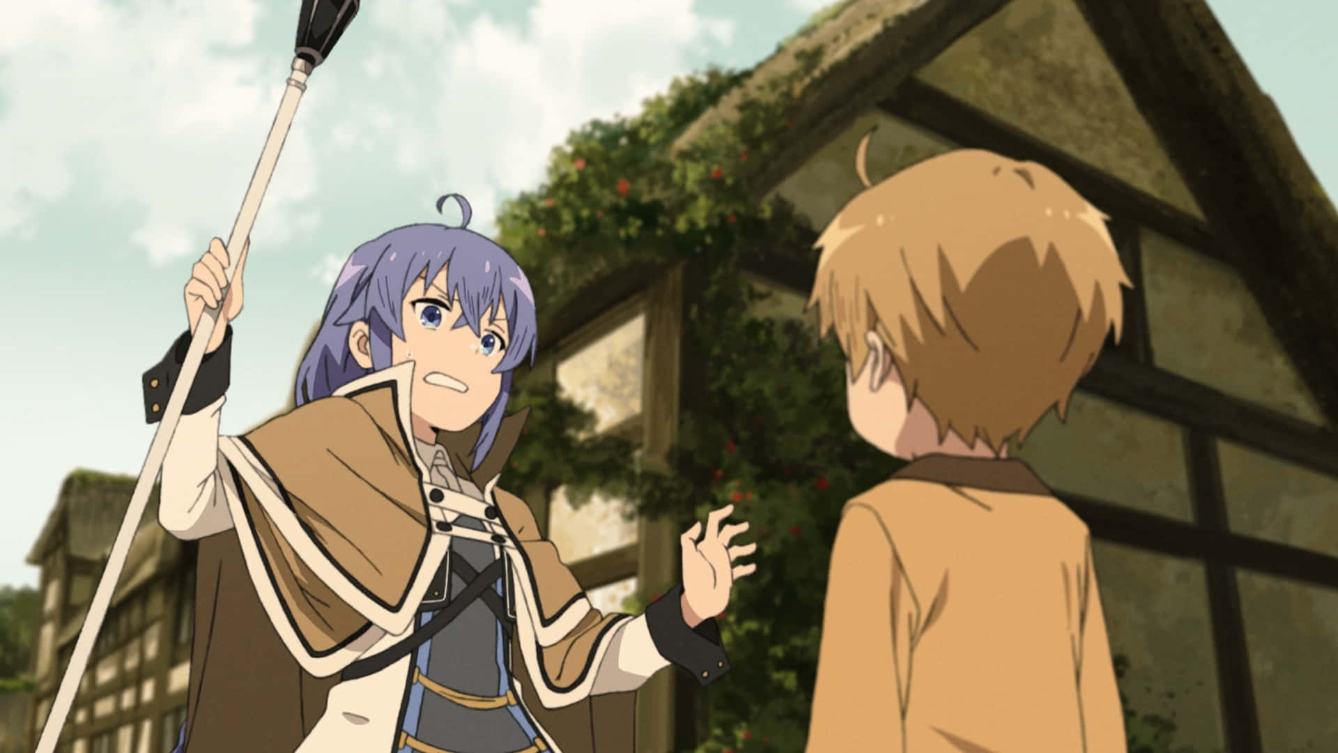 Mushoku Tensei 桌布 壁紙 — 一位紫髮動漫女孩拿著法杖，在茅草屋頂小屋前急切地向一個金髮男孩做手勢。