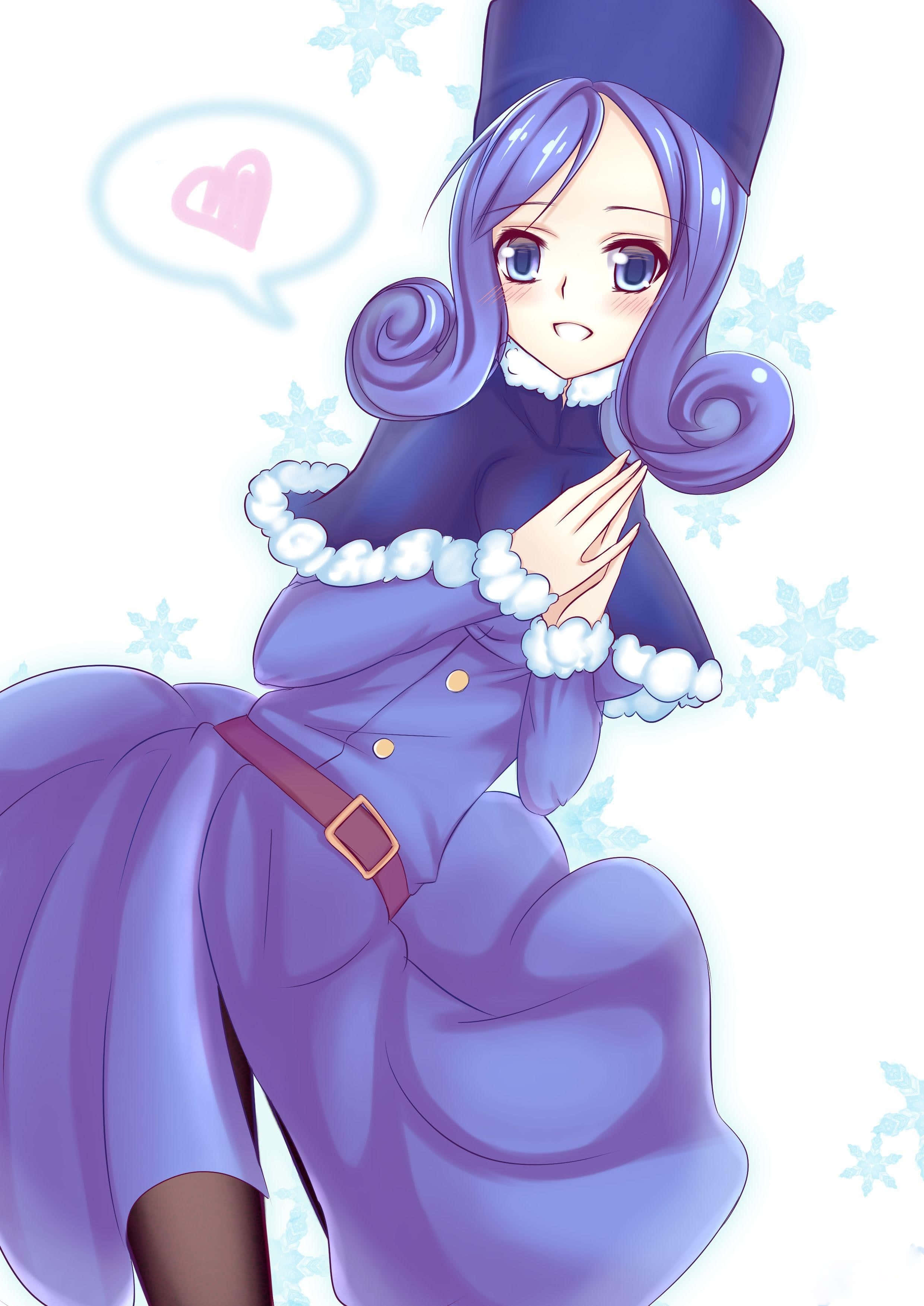 juvia lockser 桌布 壁紙 — 一位紫髮動漫女孩穿著冬季外套，周圍有雪花和心形對話氣泡。