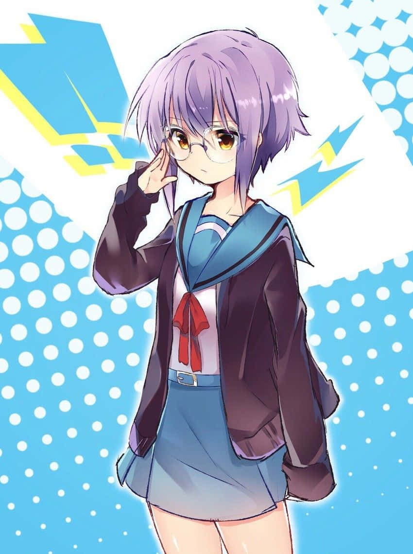Yuki Nagato 桌布 壁紙 — 一位紫髮動漫女孩穿著校服，在藍色圓點背景前愉快地敬禮。