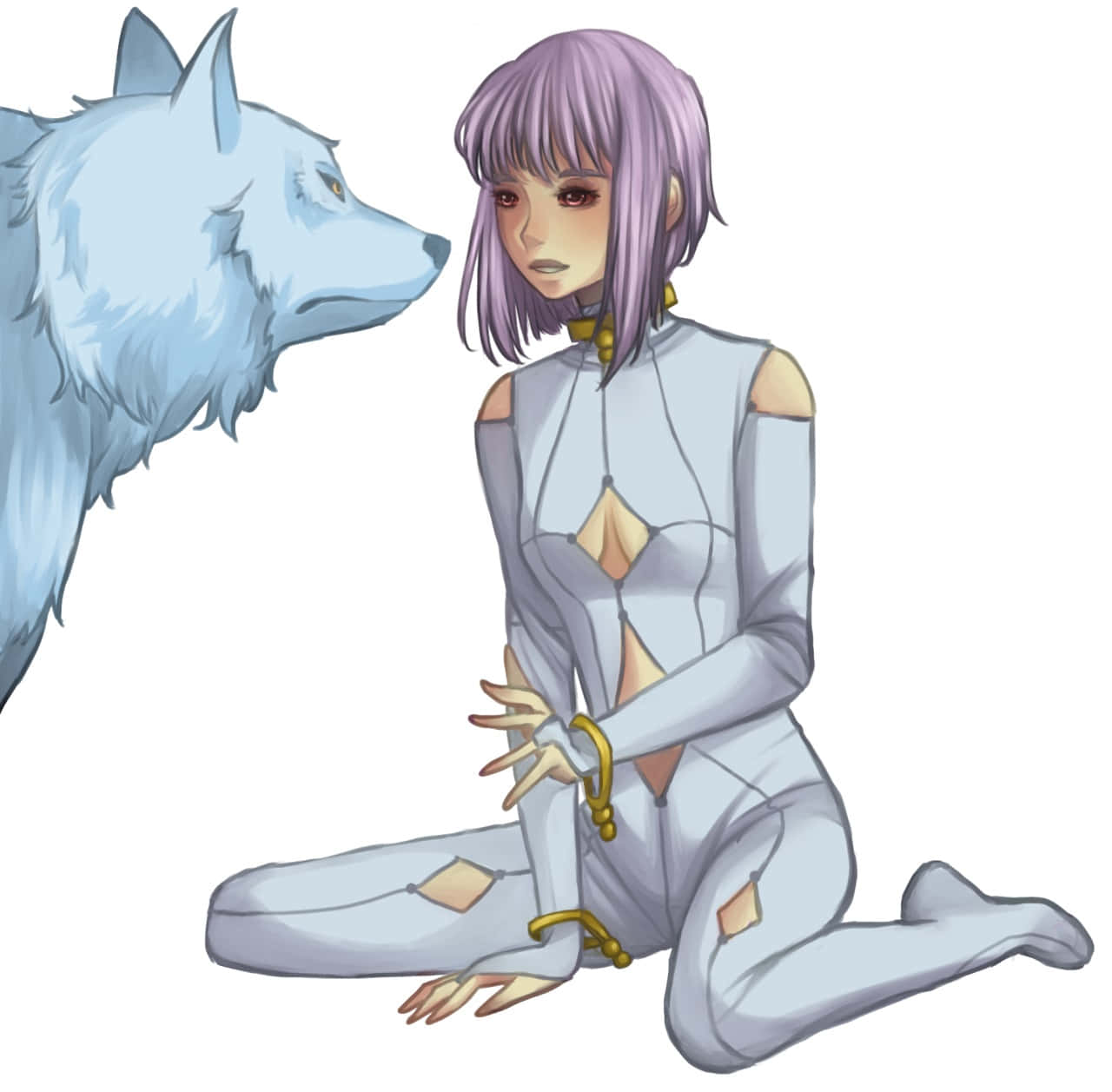 Wolf's Rain Cheza 桌布 壁紙 — 一位紫髮動漫女孩穿著淺灰色服裝，跪在一隻大藍狼旁邊，背景為純白色。