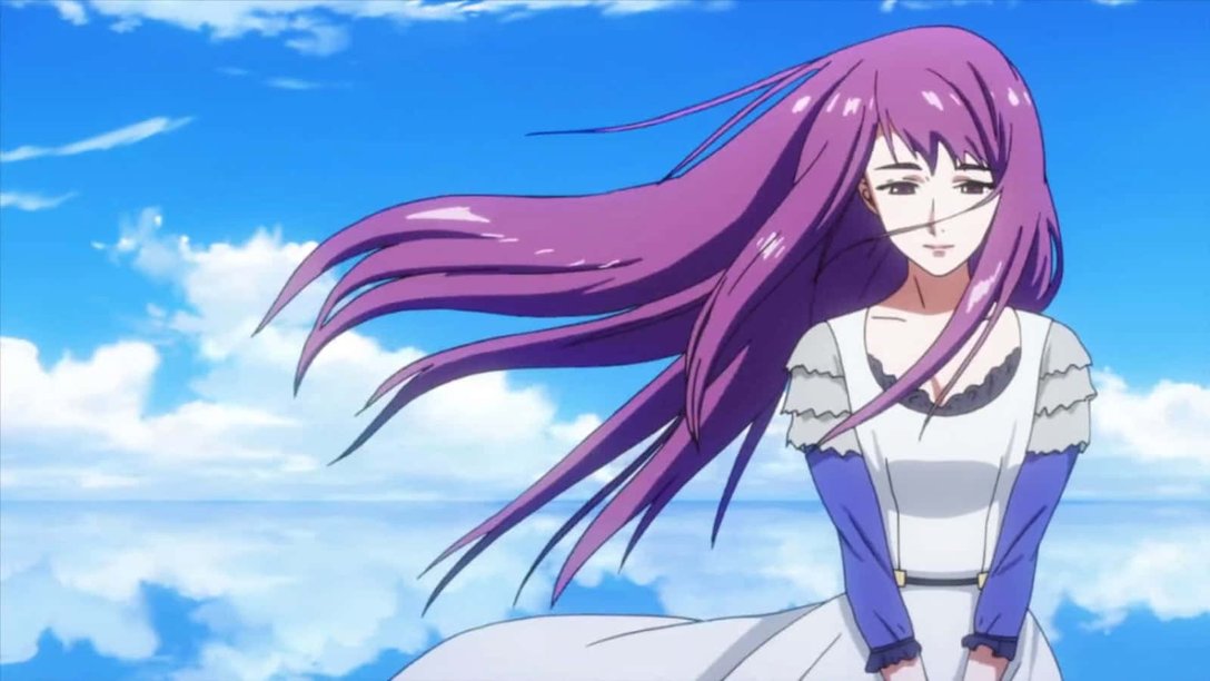 Rize Kamishiro 桌布 壁紙 — 一位紫髮動漫女孩穿著白色連衣裙，站在有蓬鬆雲朵的明亮藍天下。