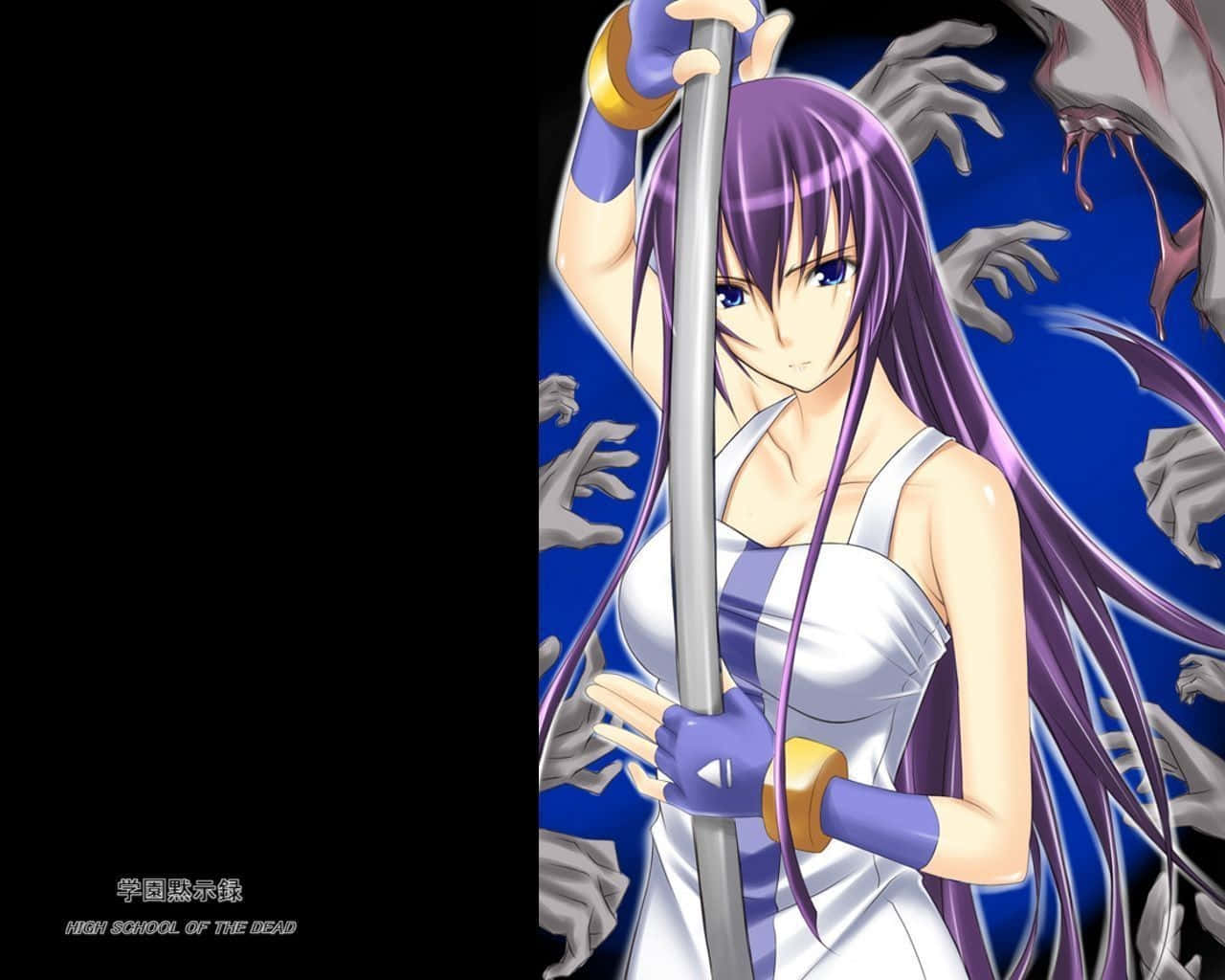 Highschool Of The Dead 桌布 壁紙 — 一位紫髮動漫女孩穿著白色連衣裙抓住一根桿子，而殭屍手從深藍色背景中伸出。