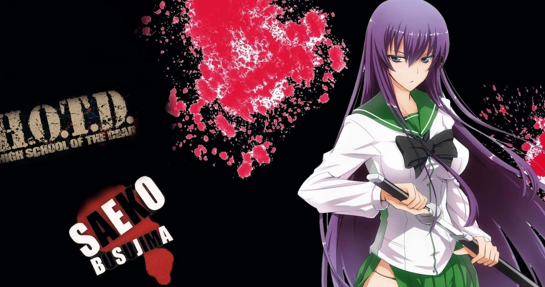 Highschool Of The Dead 桌布 壁紙 — 一位紫髮動漫女孩穿著綠色和白色的校服，在黑色背景上帶有紅色飛濺和文字的情況下握著劍。