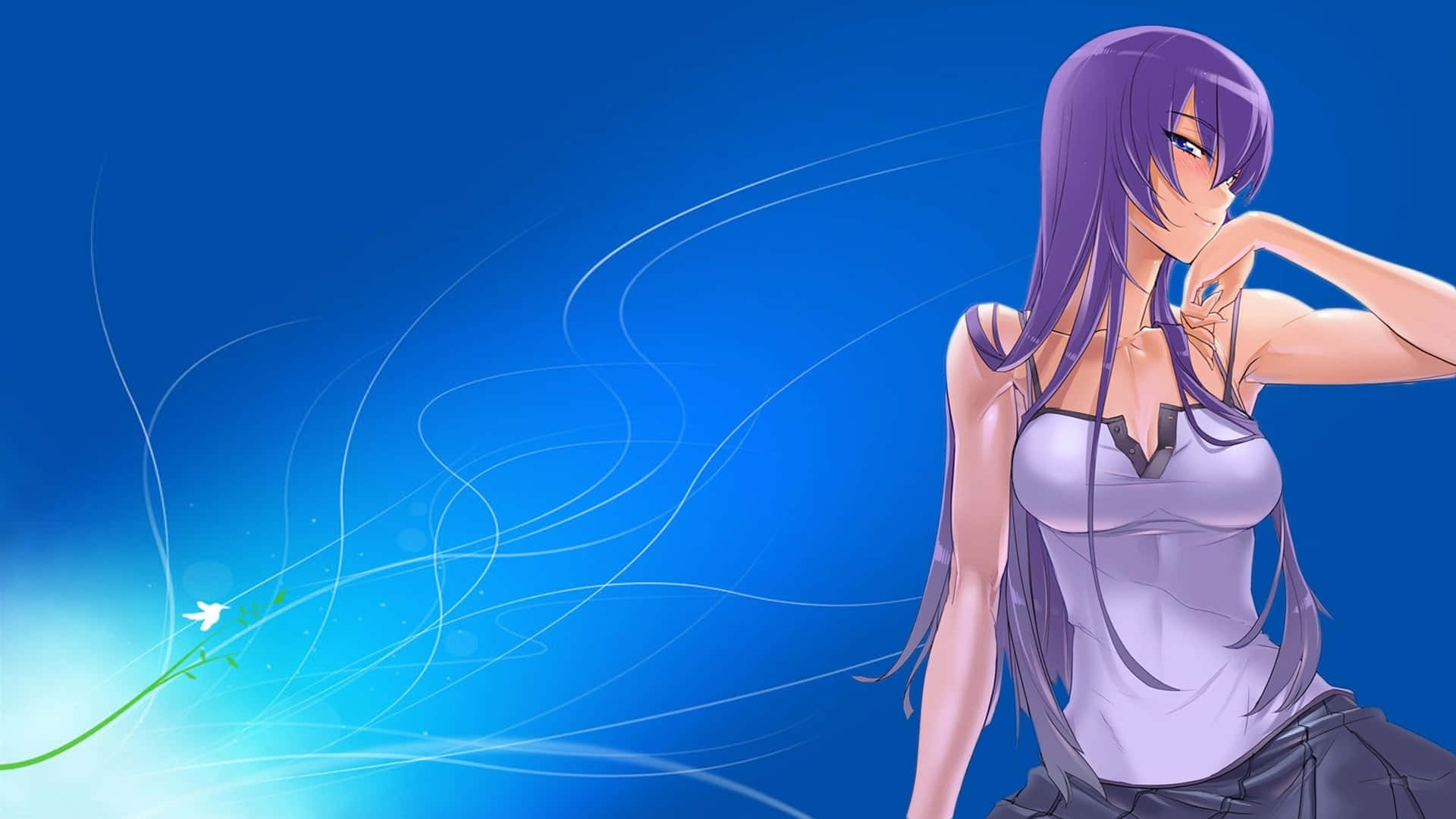 Highschool Of The Dead 桌布 壁紙 — 一位紫髮動漫女孩身穿白色上衣，在充滿活力的藍色漸變背景上，搭配流動的白色線條和發光的綠色藤蔓，優雅地擺姿勢。