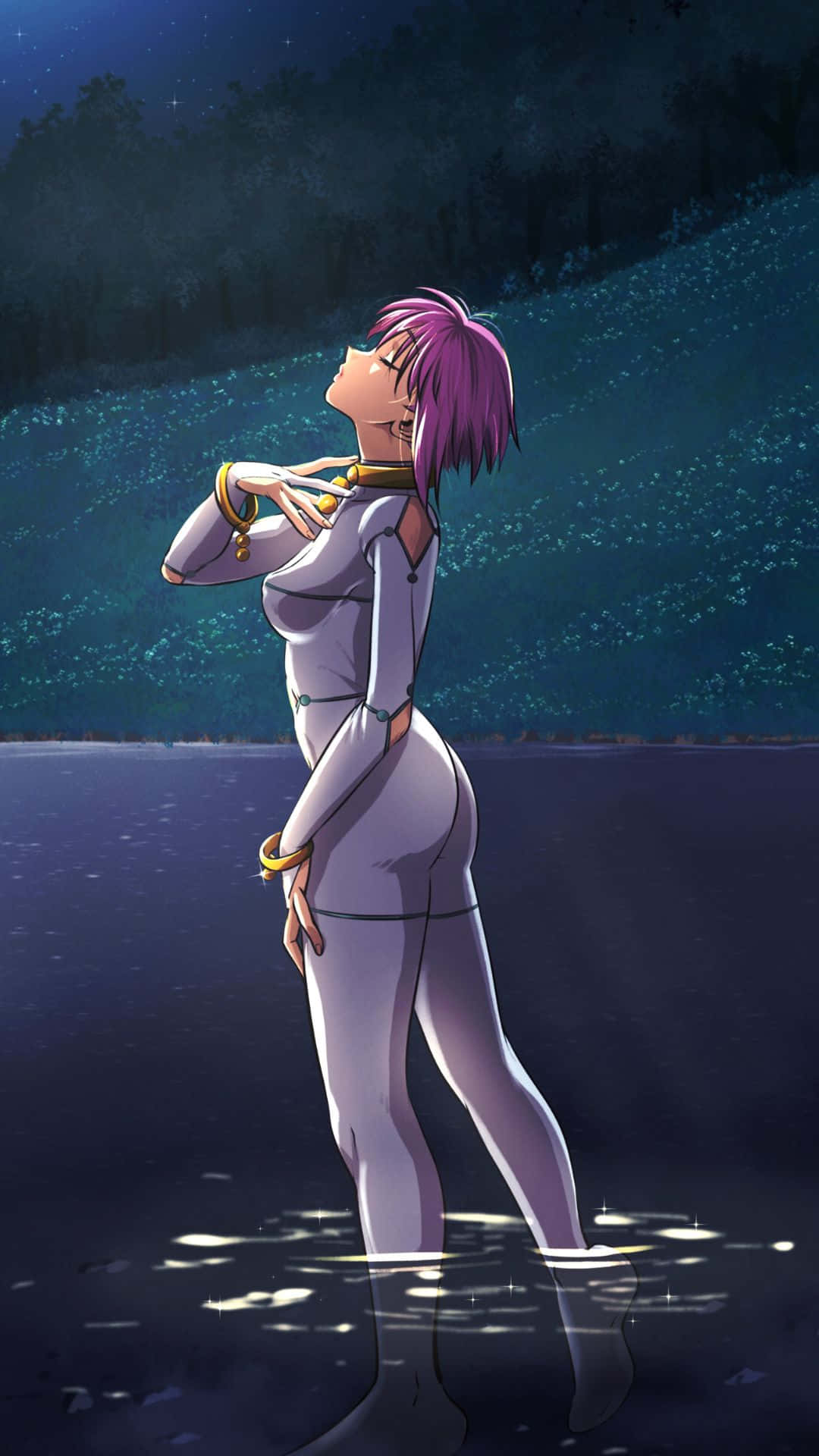 Wolf's Rain Cheza 桌布 壁紙 — 一位紫髮動漫女孩身穿白色西裝，站在星空下的水中，身後有發光的藍色樹葉。