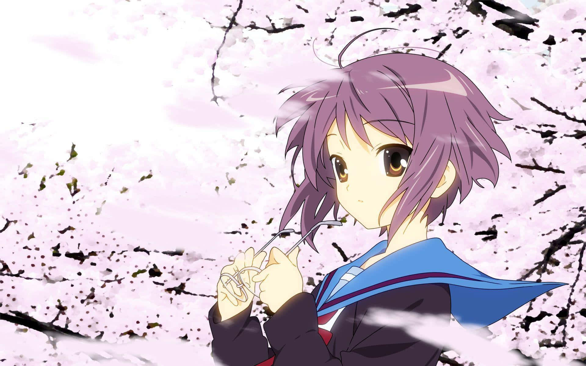 Yuki Nagato 桌布 壁紙 — 一位紫髮動漫女學生穿著校服，在柔和的粉紅色櫻花背景下拿著眼鏡。