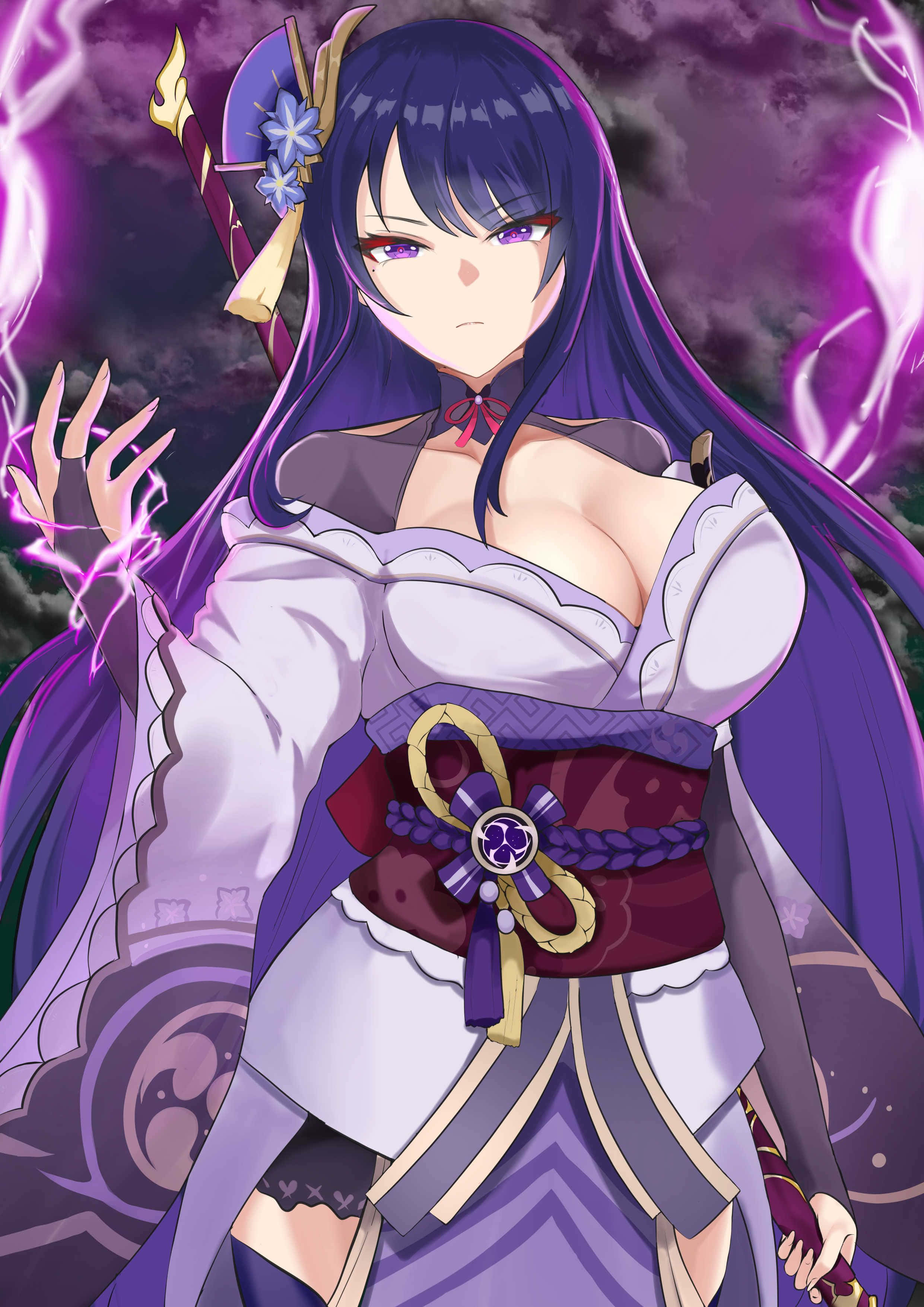 Baal Genshin Impact 桌布 壁紙 — 一位紫髮動漫少女穿著傳統日本服裝，在暴風雨的紫色天空中揮舞閃電。