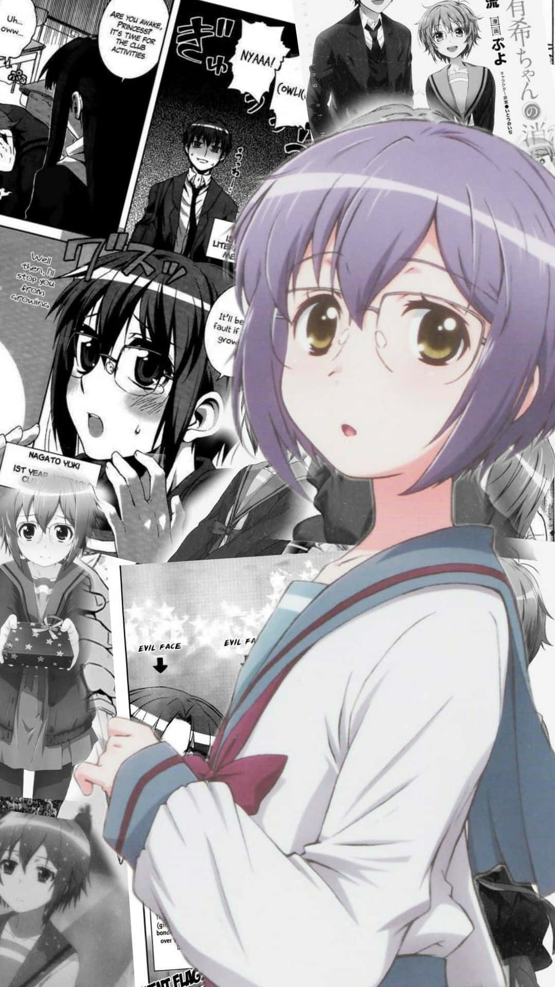 Yuki Nagato 桌布 壁紙 — 一位紫髮動漫少女穿著校服，站在以表情豐富的角色和日文字句組成的漫畫拼貼背景中央。