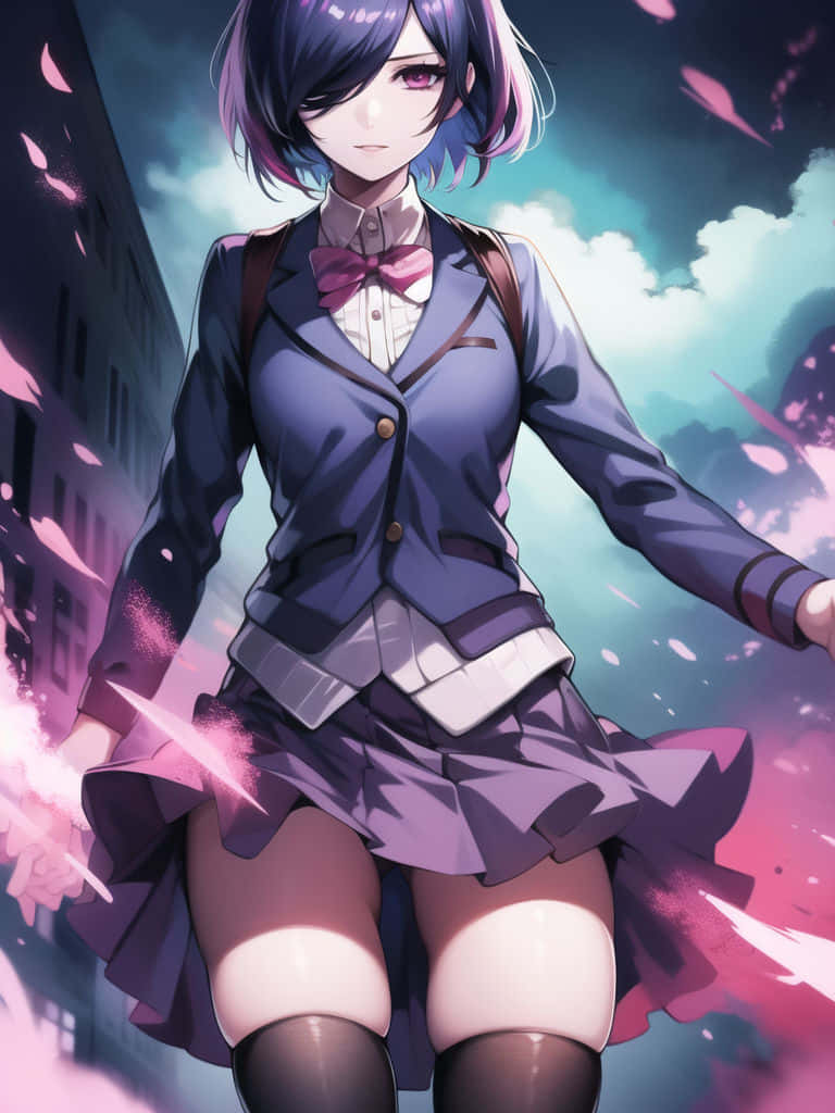 Touka Kirishima 桌布 壁紙 — 一位紫髮動漫少女穿著校服，站在飄落的粉紅色花瓣中，背景是充滿活力的城市。