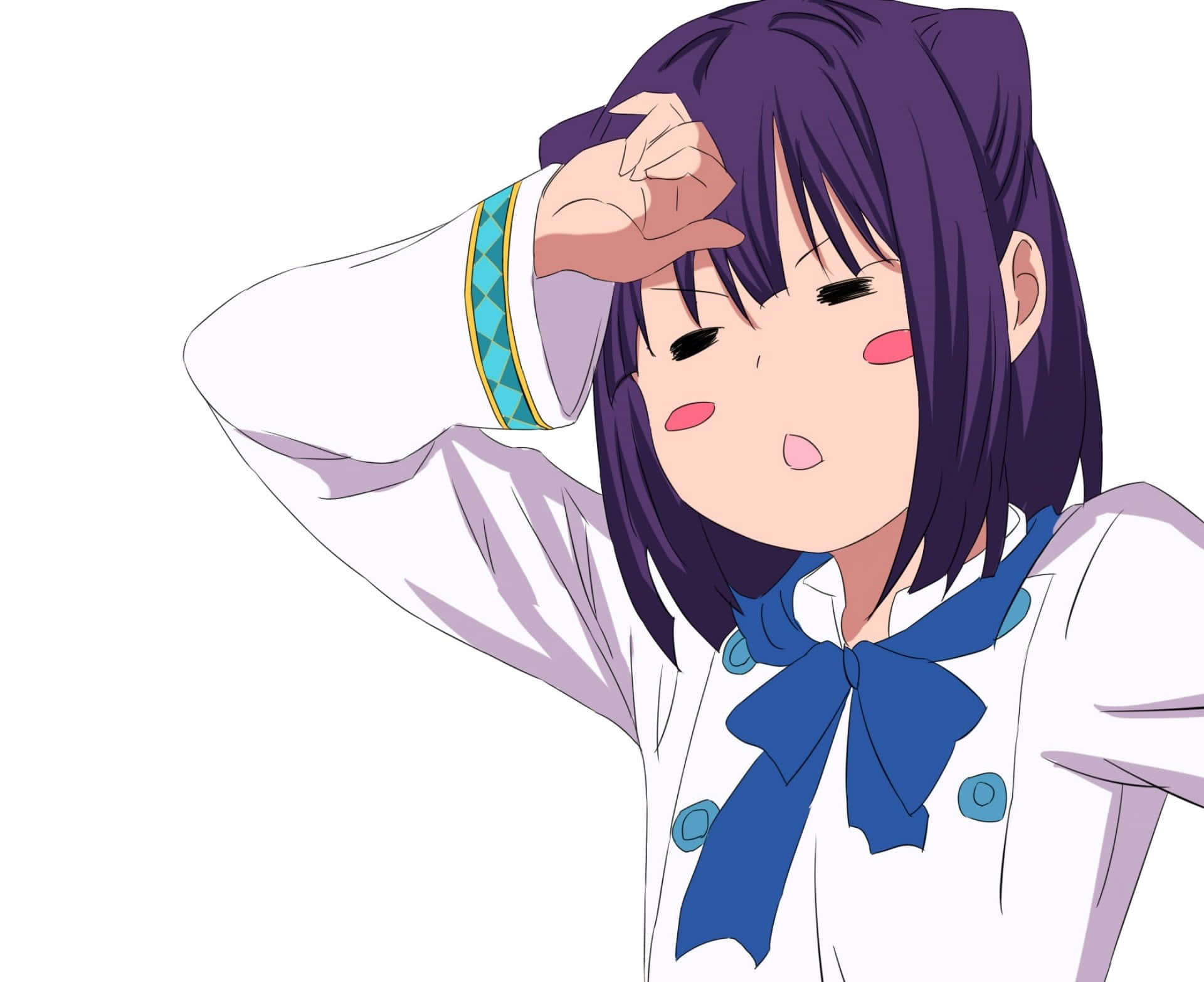  壁紙 — 一位紫髮動漫少女穿著白色校服，繫著藍色蝴蝶結，以俏皮的表情遮住眼睛。