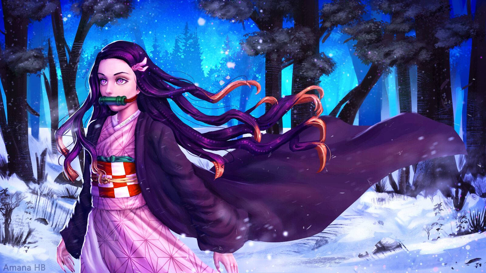 鬼滅之刃 火鬼 桌布 壁紙 — 一位紫髮動漫少女穿著粉紅色和服，站在雪森林中，藍色暮色天空下雪花飄落。