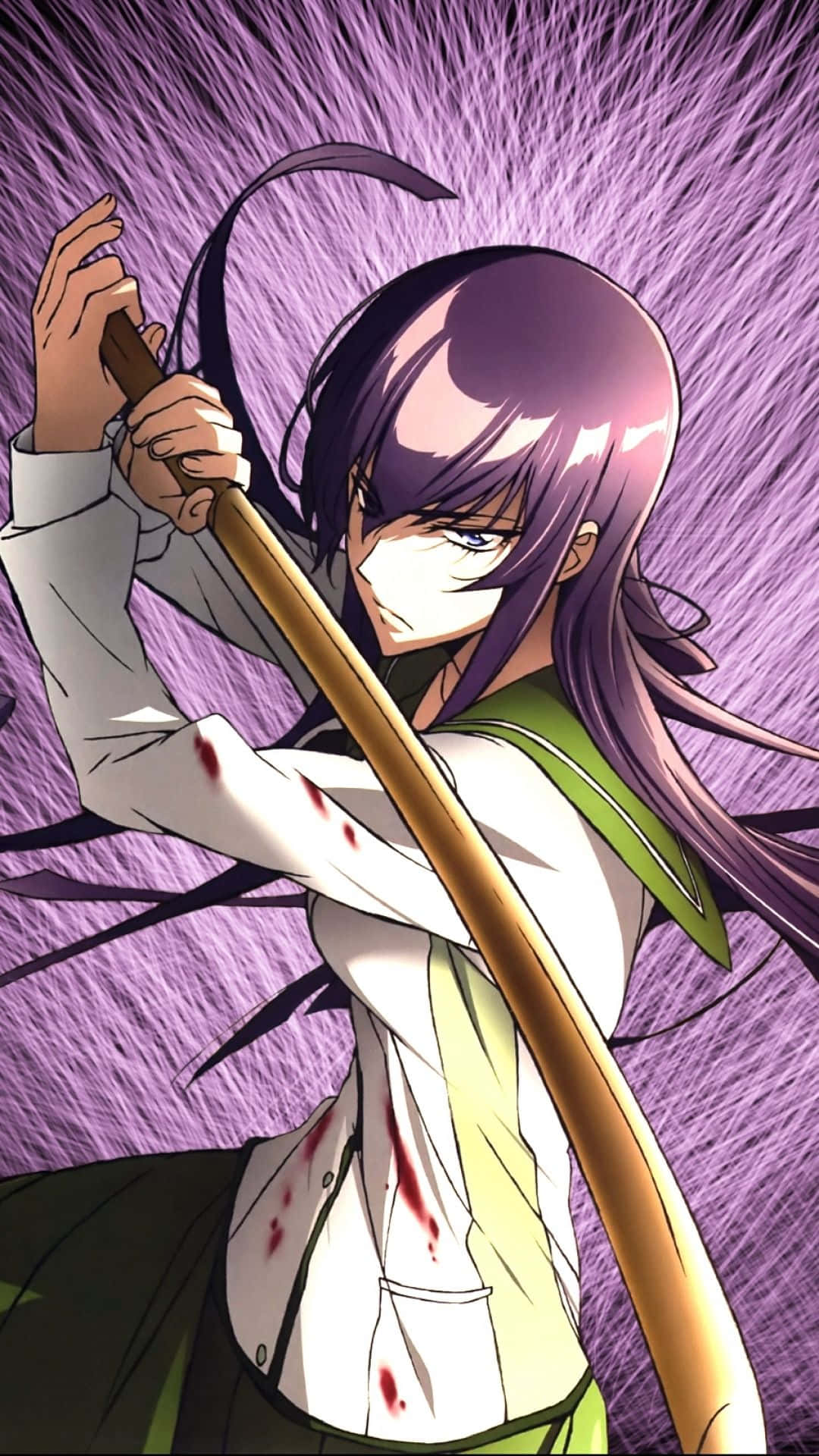 Highschool Of The Dead 桌布 壁紙 — 一位紫髮動漫少女身穿沾血校服，在動態紫色背景前揮舞長劍。
