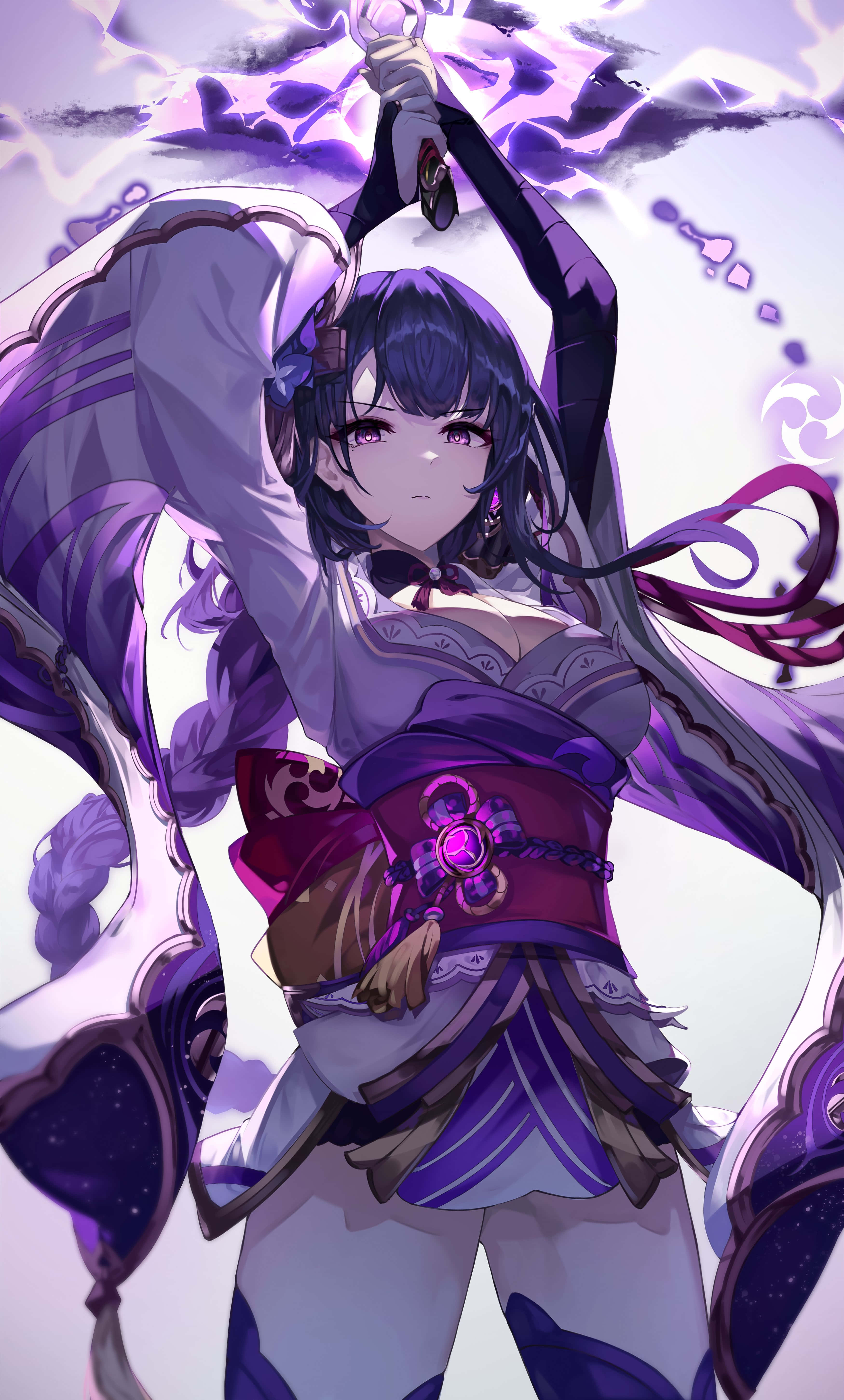 Baal Genshin Impact 桌布 壁紙 — 一位紫髮動漫少女身著華麗服飾，在旋轉的魔法能量中揮舞著發光的劍。