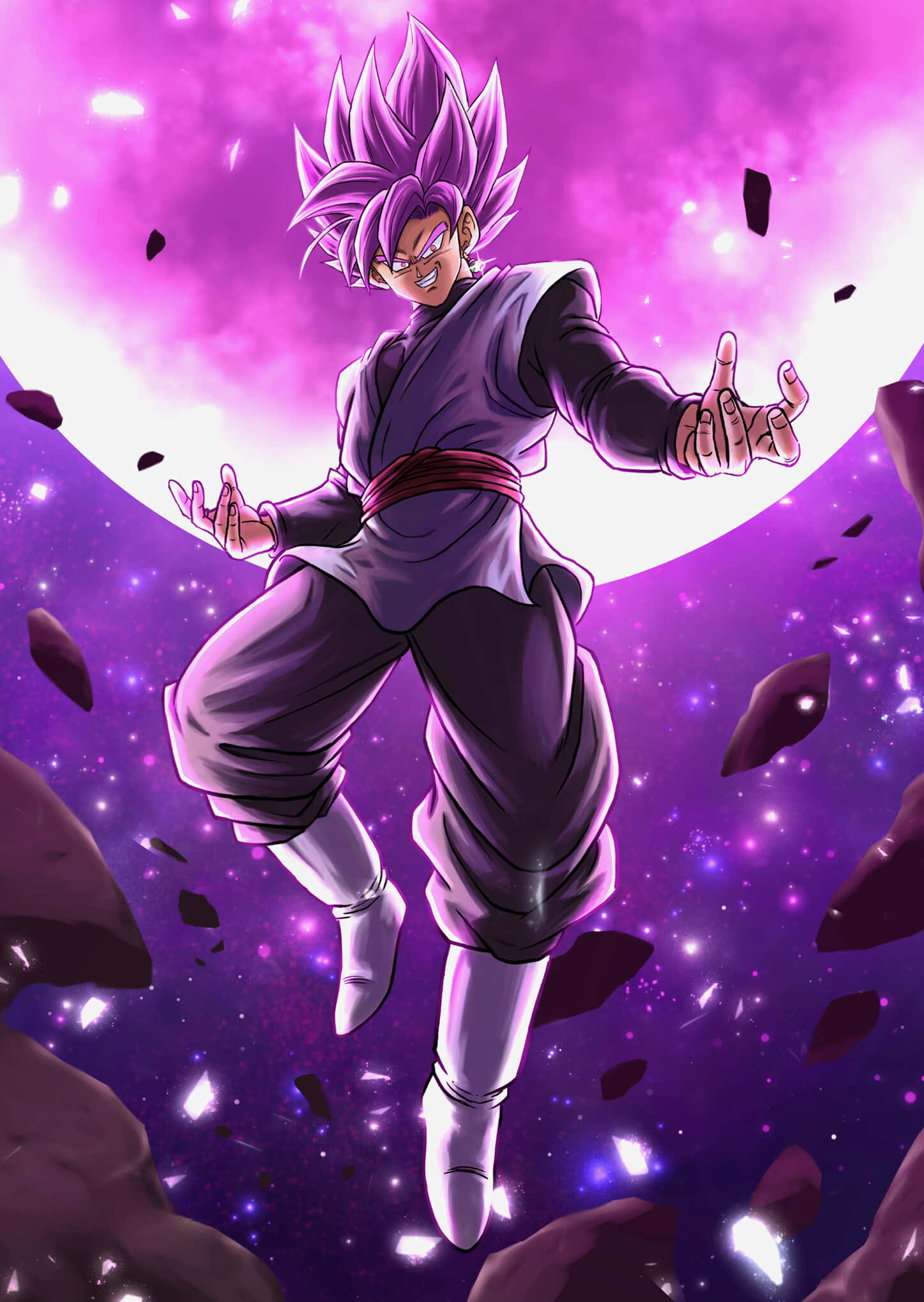 格古達黑 桌布 壁紙 — 一位紫髮動漫戰士在宇宙紫色月亮背景和浮石中動態漂浮。