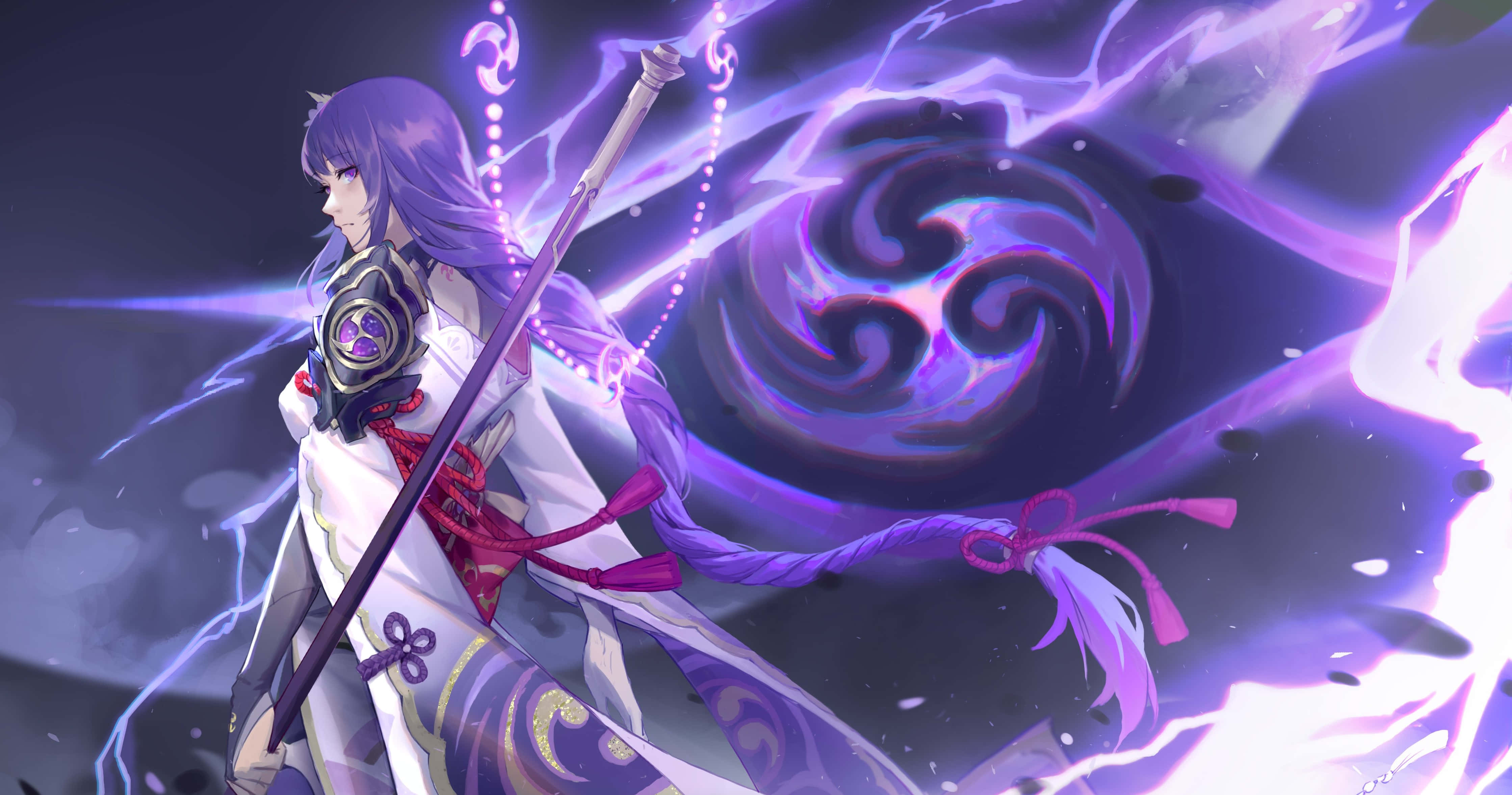 Baal Genshin Impact 桌布 壁紙 — 一位紫髮動漫戰士身穿白金色盔甲，在旋轉的紫色閃電和神秘能量中揮舞著法杖。