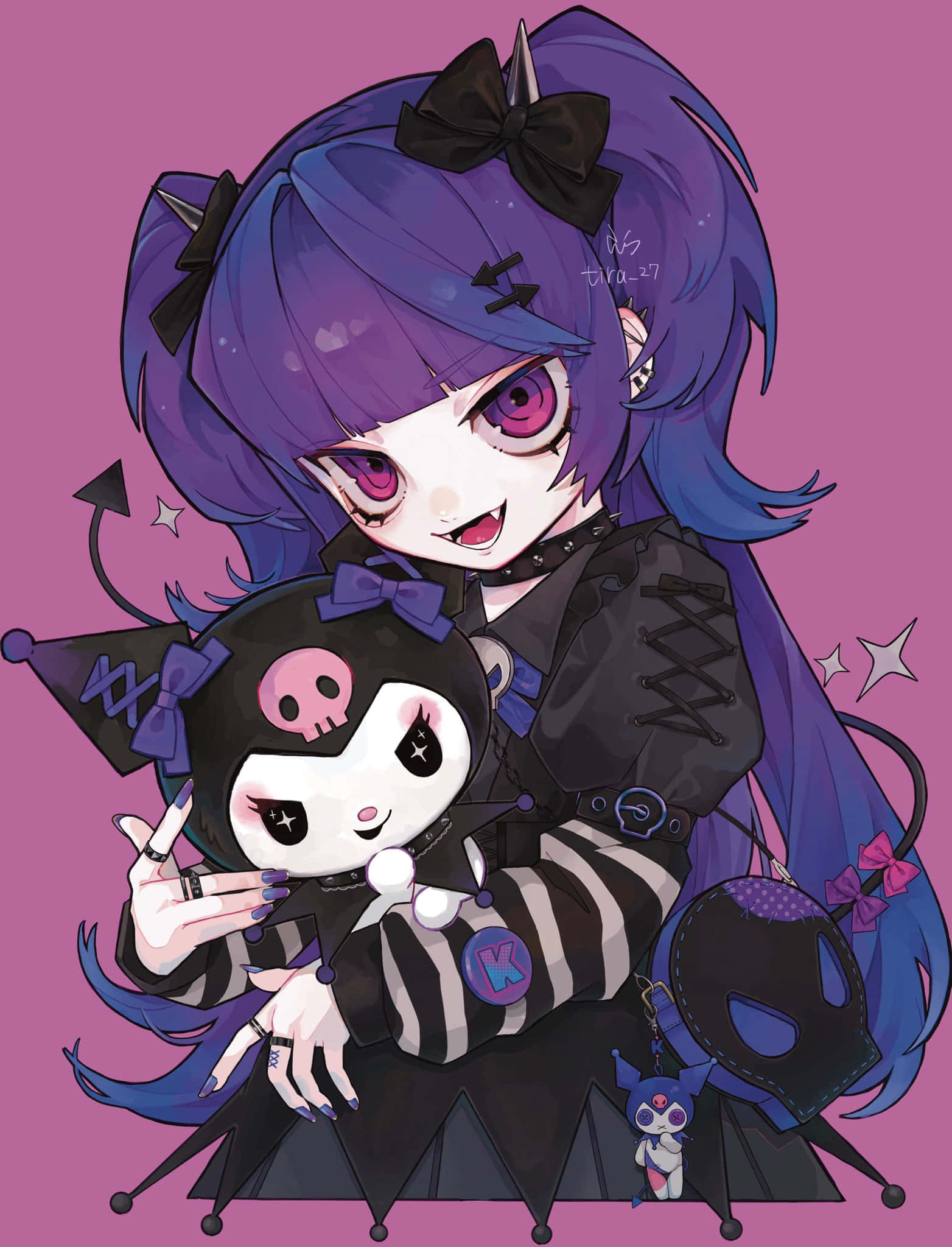 Kuromi Fanart 桌布 壁紙 — 一位紫髮哥德式服裝的動漫女孩在粉紅色背景前擁抱Kuromi毛絨玩具。