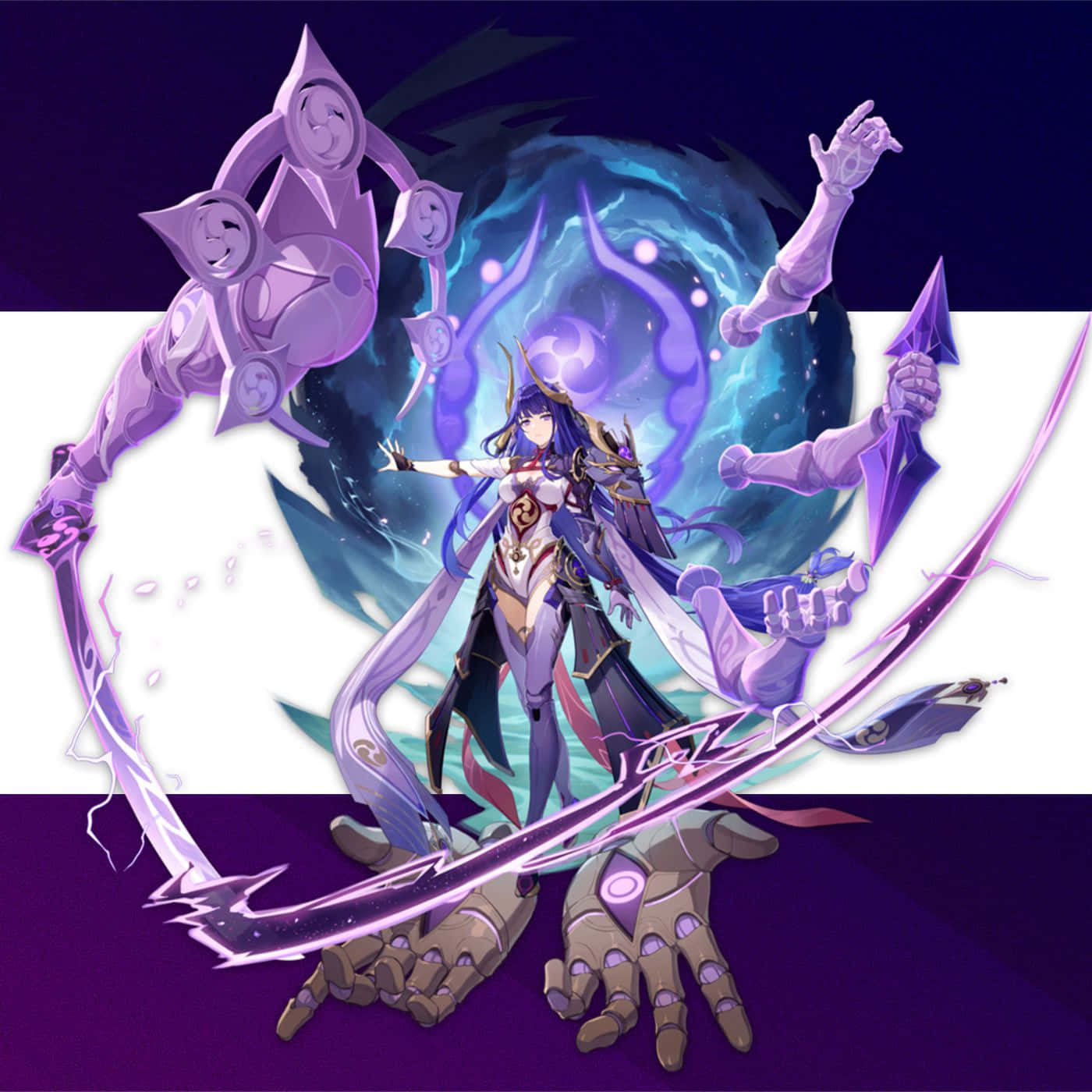 Baal Genshin Impact 桌布 壁紙 — 一位紫髮奇幻動漫戰士在宇宙漩渦背景下揮舞發光武器。
