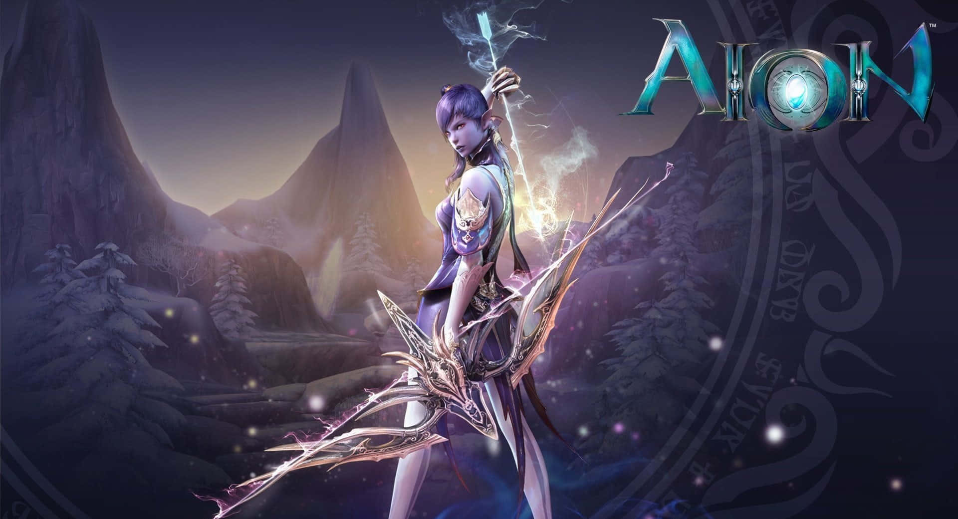 Online Games 桌布 壁紙 — 一位紫髮奇幻戰士在暮色天空下，於積雪的山巒間揮舞著發光的法杖。