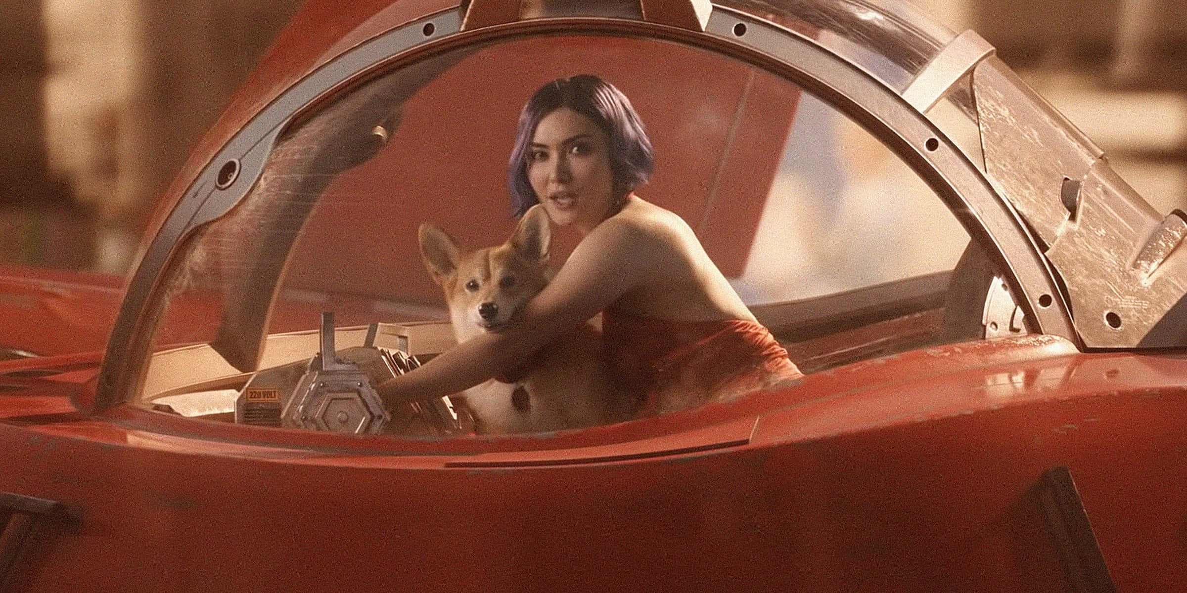 Faye Valentine 桌布 壁紙 — 一位紫髮女性和一隻柯基犬一起坐在紅色未來車輛的駕駛艙內。