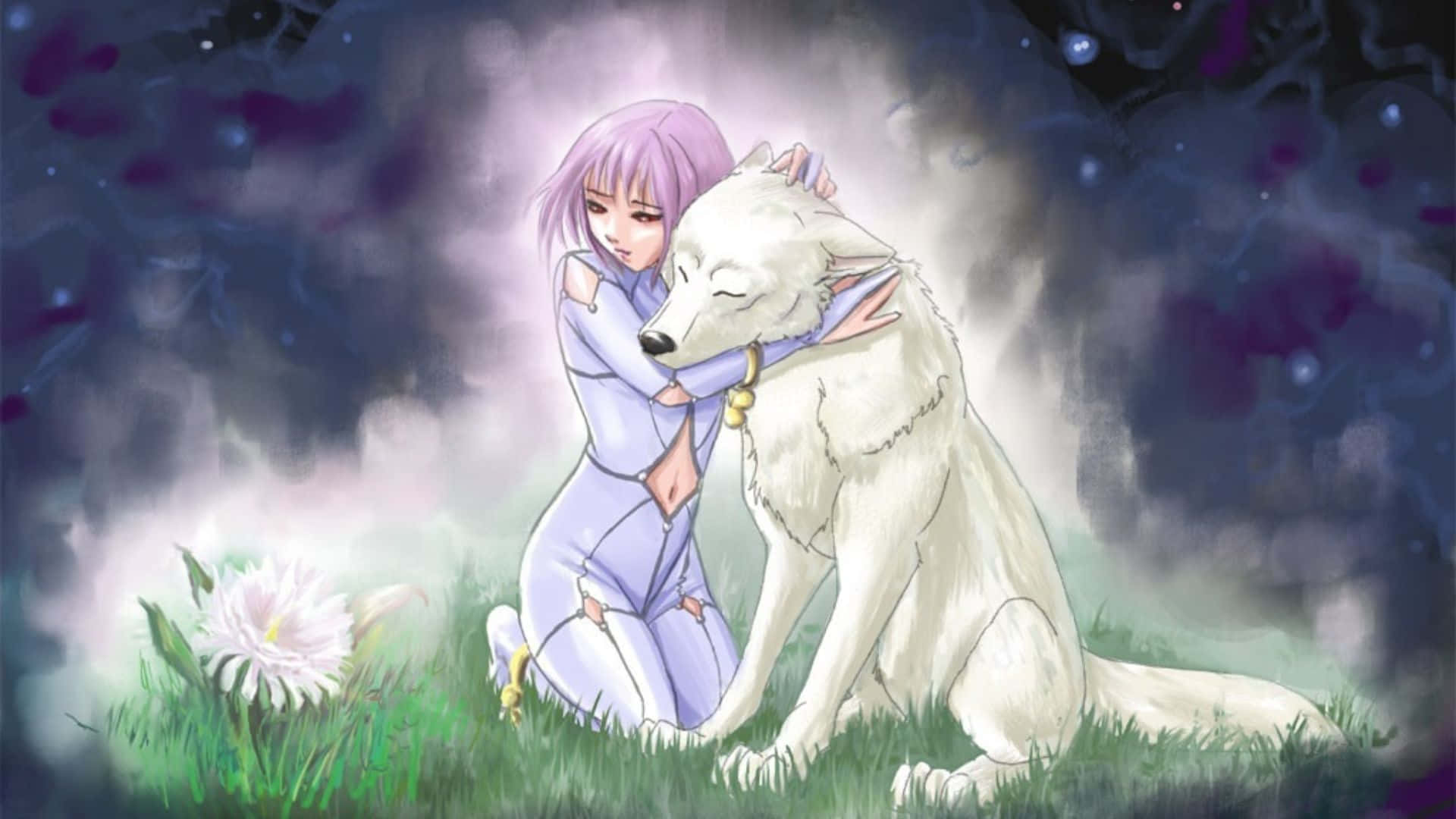 Wolf's Rain Cheza 桌布 壁紙 — 一位紫髮少女身穿淺藍色服裝，在神秘暮色草地上擁抱一隻白狼，周圍有發光的花朵和旋轉的宇宙雲。