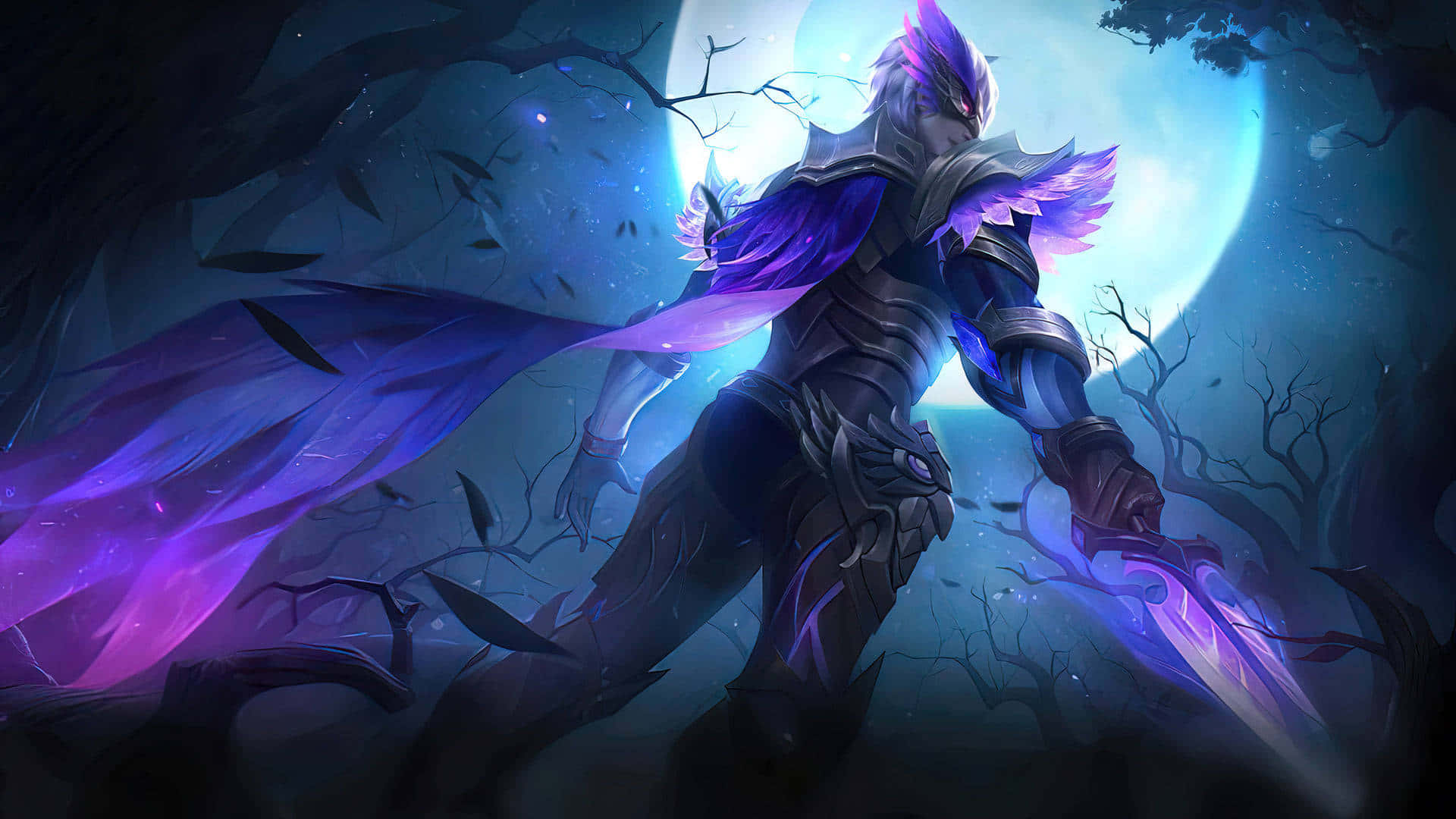 heroes 桌布 壁紙 — 一位紫髮披風的黑暗奇幻戰士站在月光照耀的森林中，揮舞著發光的劍。