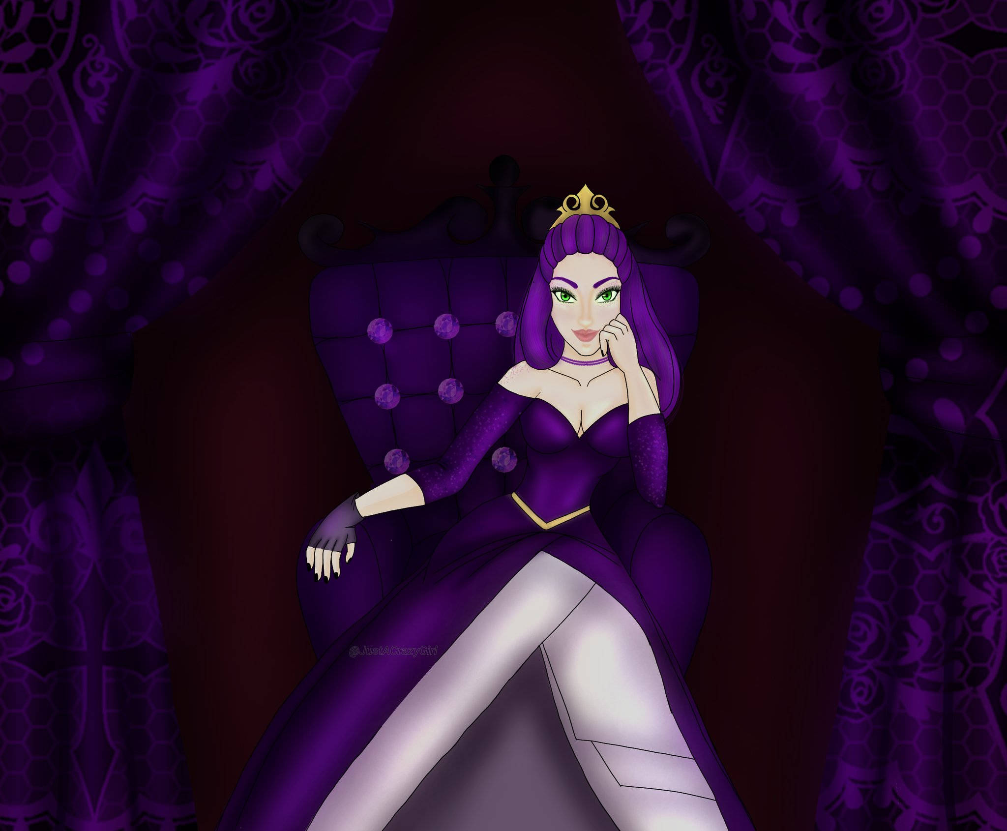Descendants 桌布 壁紙 — 一位紫髮的威嚴動漫女王在一個黑暗華麗的房間裡，懶洋洋地躺在一個相配的寶座上，周圍是華麗的窗簾。