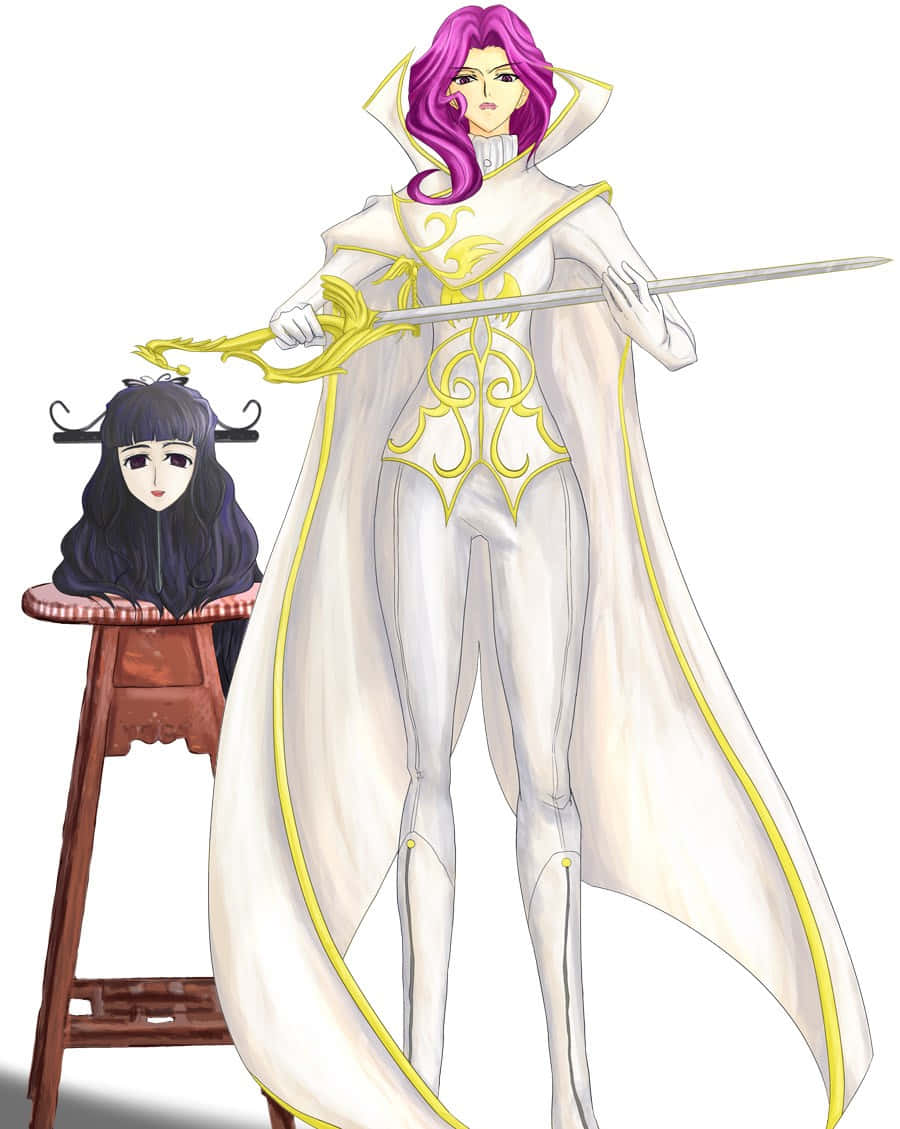 Cornelia Li Britannia 桌布 壁紙 — 一位紫髮的威嚴動漫戰士，在木凳上的一個深色頭髮人物旁邊揮舞著一把金色劍。