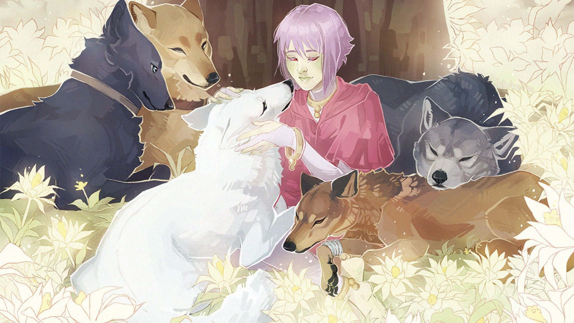 Wolf's Rain Cheza 桌布 壁紙 — 一位紫髮的寧靜動漫女孩，在開滿發光白花的田野中，輕撫著一隻被另外五隻狼圍繞的白狼。