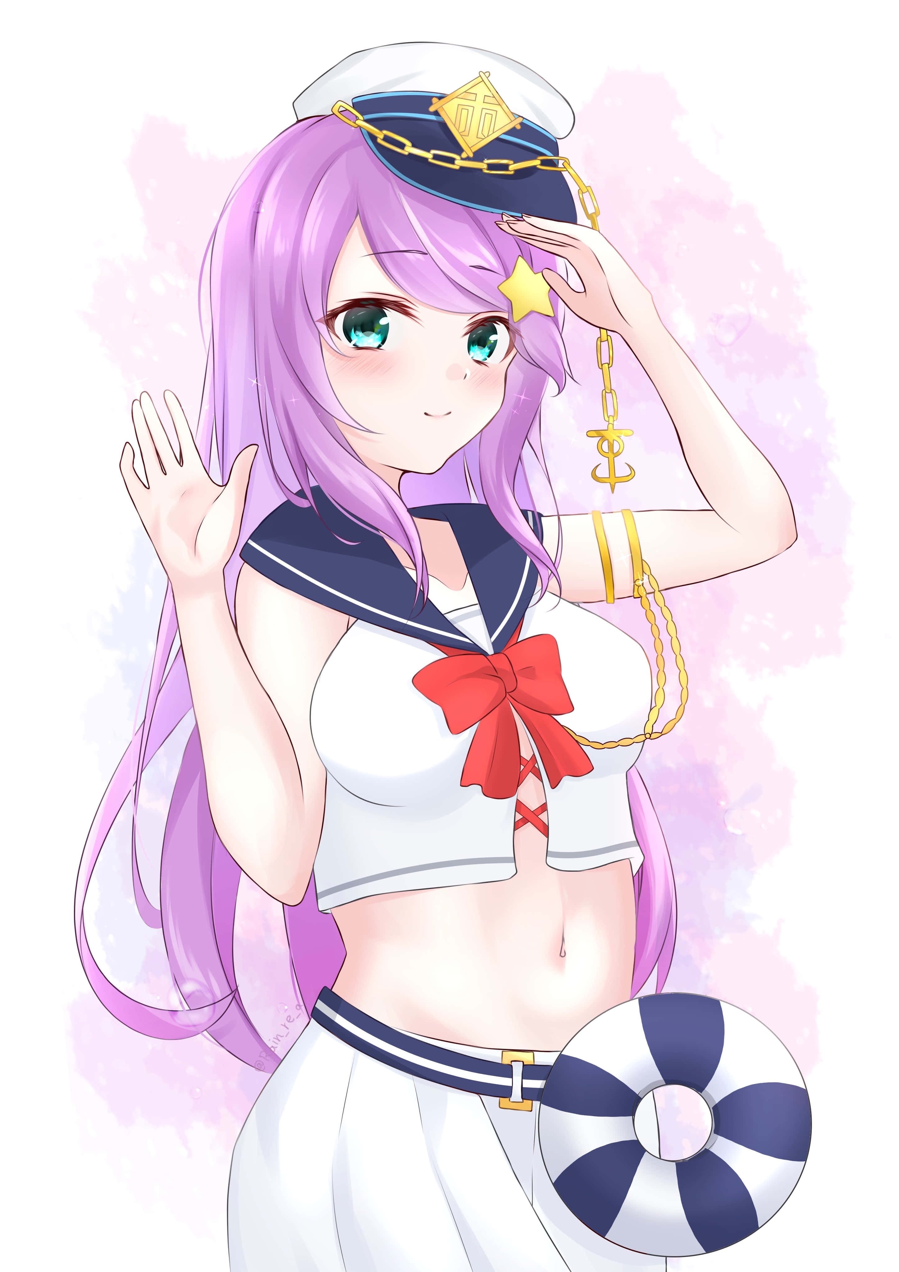 Anastasia Hoshin 桌布 壁紙 — 一位紫髮綠眼的開朗動畫女孩穿著水手服並拿著救生圈揮手。