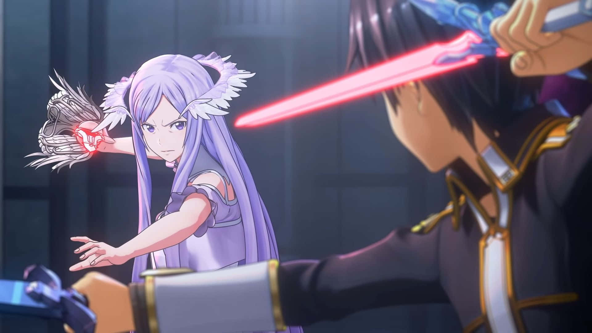 Sword Art Online Quinella 桌布 壁紙 — 一位紫髮羽耳動漫少女在緊張的決鬥中，揮舞著發光的紅色劍，對抗身穿黑衣的對手。