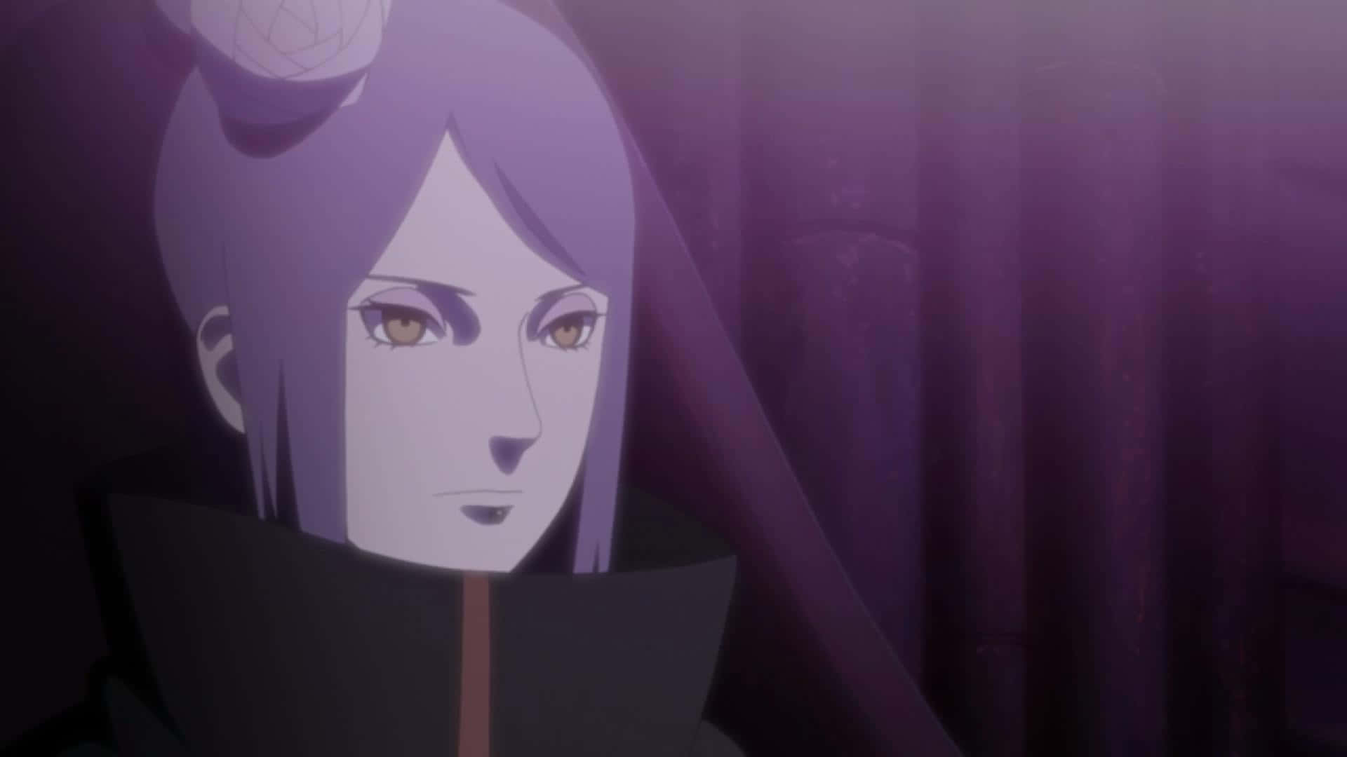 Konan 桌布 壁紙 — 一位紫髮金眼的動漫女孩在一個燈光昏暗、帶有窗簾的紫色房間裡平靜地凝視著。