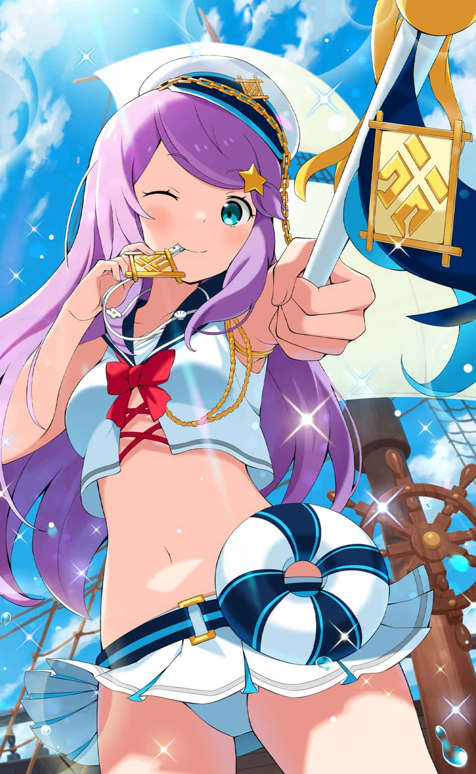 Anastasia Hoshin 桌布 壁紙 — 一位紫髮開朗的動漫女孩穿著水手服，在陽光明媚的甲板上拿著船旗和飲料眨眼。