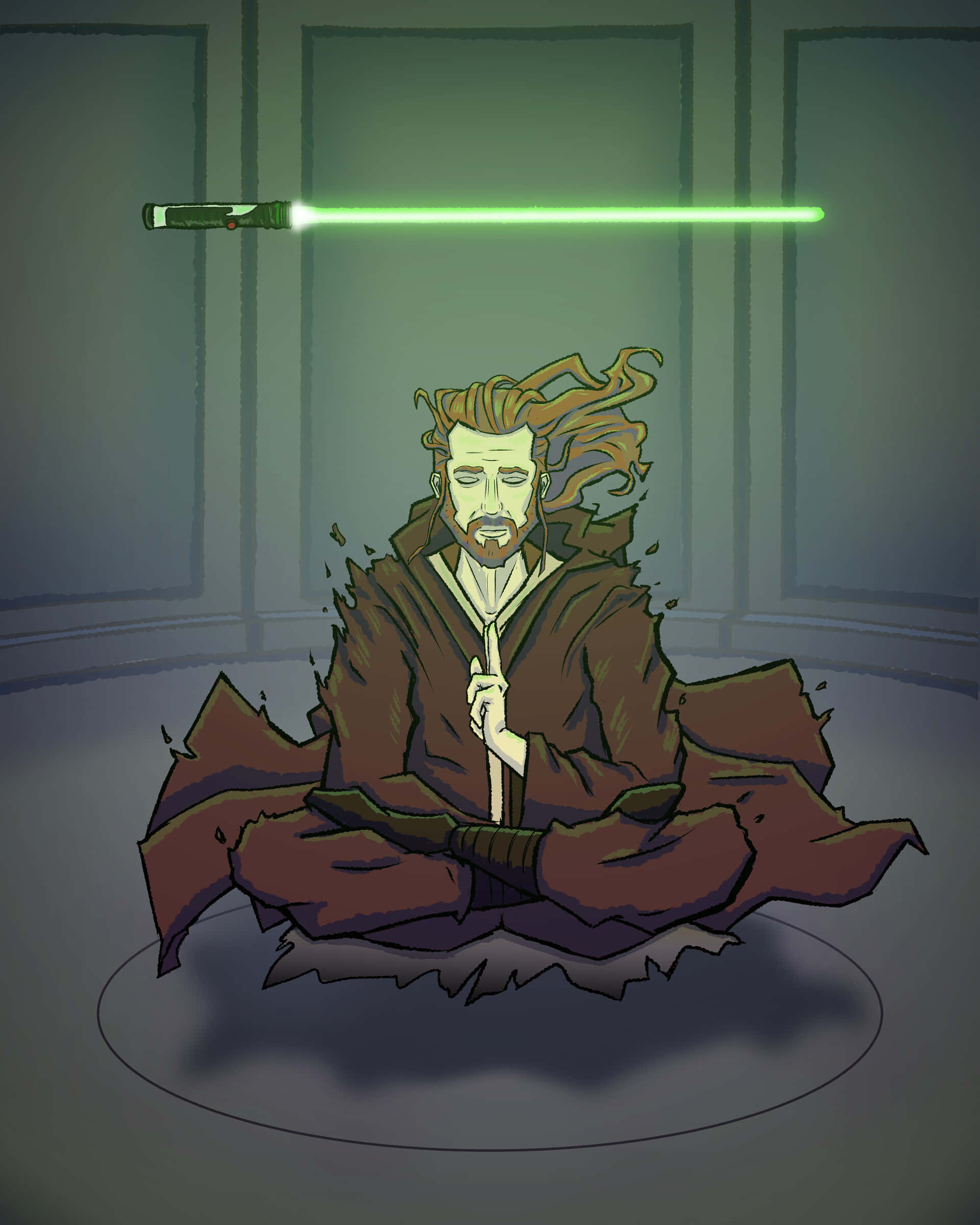 Qui-gon Jinn 桌布 壁紙 — 一位絕地大師在昏暗的房間中冥想，一把綠色光劍漂浮在他上方，採用數碼藝術風格。