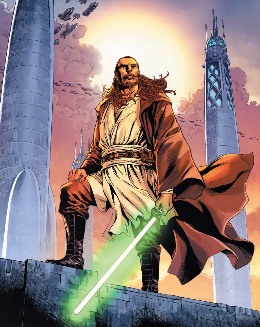 Qui-gon Jinn 桌布 壁紙 — 一位絕地大師手持綠色光劍，站在高聳尖塔之間的岩架上，星際戰機飛過發光的太陽。
