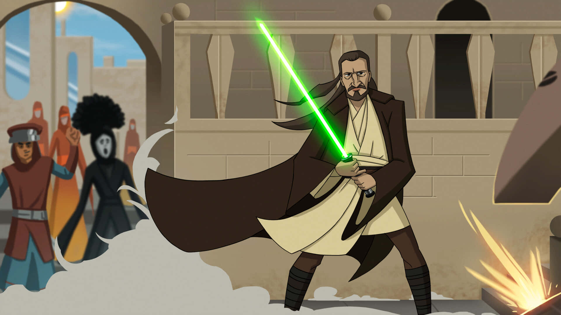 Qui-gon Jinn 桌布 壁紙 — 一位絕地武士在塵土飛揚的城市庭院中揮舞著發光的綠色光劍，旁觀者觀看著戰鬥的展開。