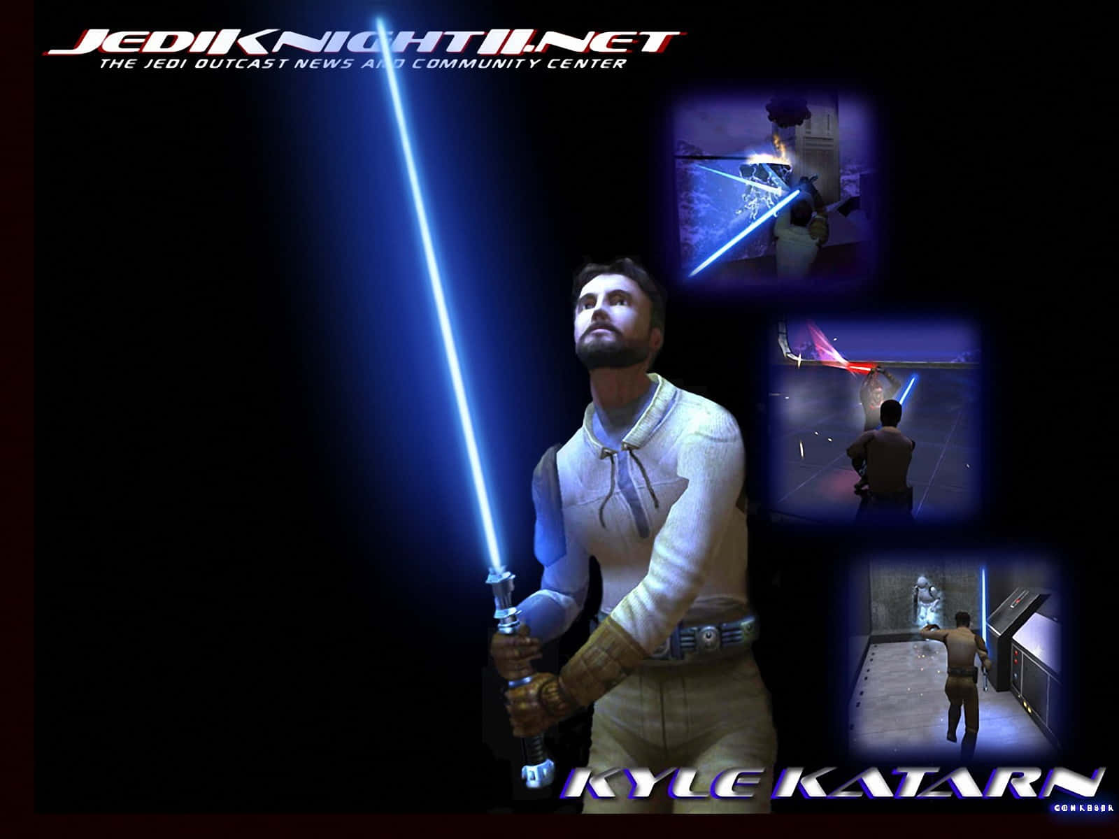 Jedi Knight 桌布 壁紙 — 一位絕地武士在黑暗背景下揮舞著發光的藍色光劍，並插入了《絕地武士II》的遊戲場景。