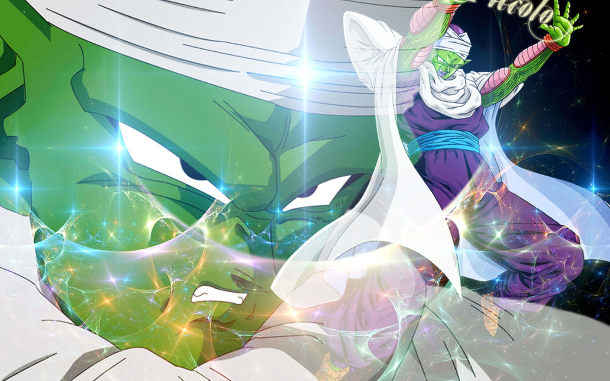 Namek 桌布 壁紙 — 一位綠皮膚的動漫戰士身穿白色長袍，在宇宙星空背景下釋放出發光的能量爆炸。