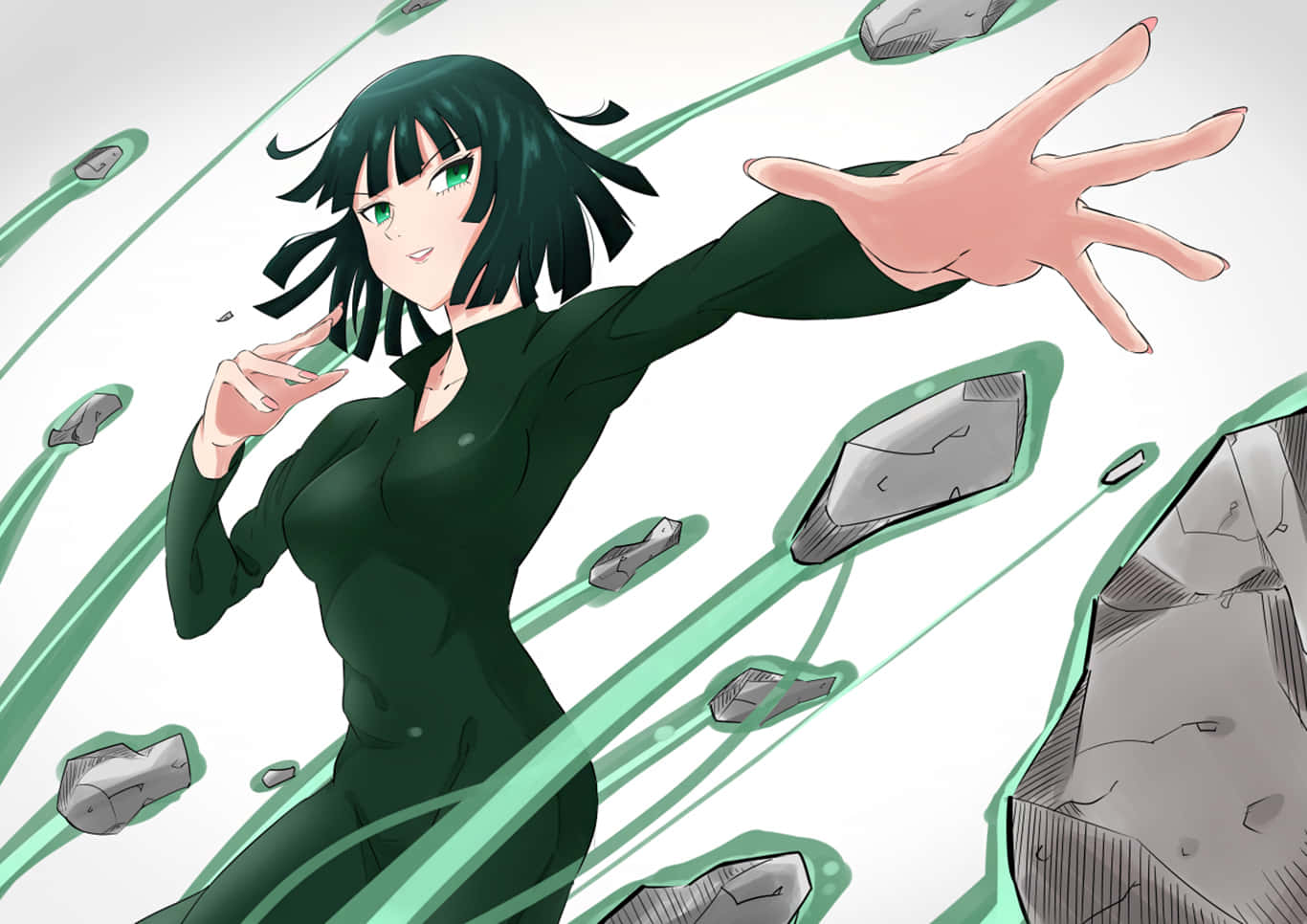 Fubuki 桌布 壁紙 — 一位綠眼動漫女孩穿著深綠色服裝，用發光的綠色能量流操控漂浮的灰色岩石。