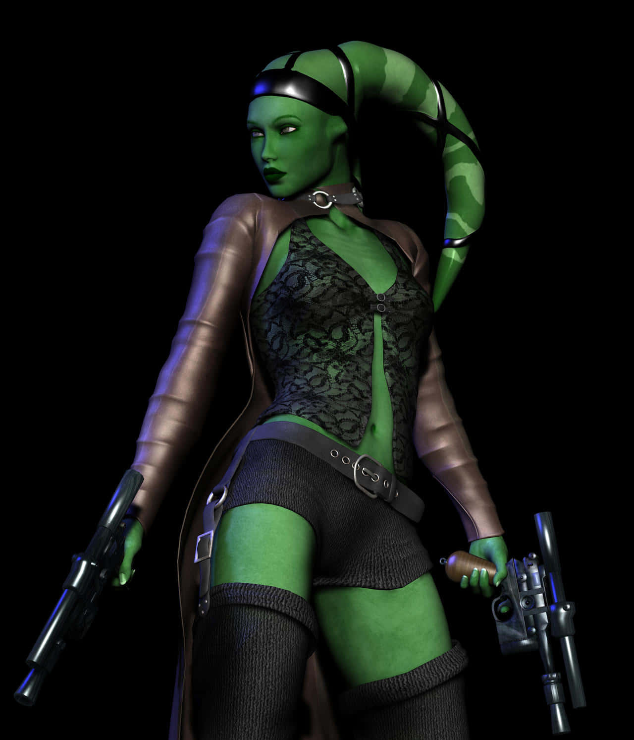 Twi'lek 桌布 壁紙 — 一位綠色皮膚、長有彎曲長角的女性戰士，在黑色背景前手持兩把爆能槍。