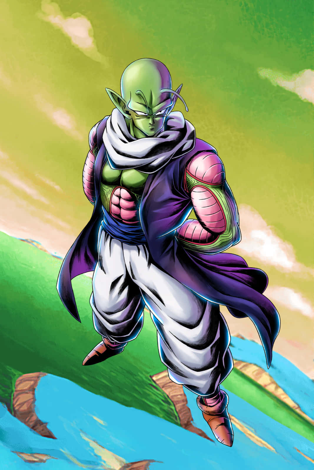 Namek 桌布 壁紙 — 一位綠色皮膚的動漫戰士披著紫色斗篷，在明亮的天空下漂浮在藍色和綠色的景觀之上。